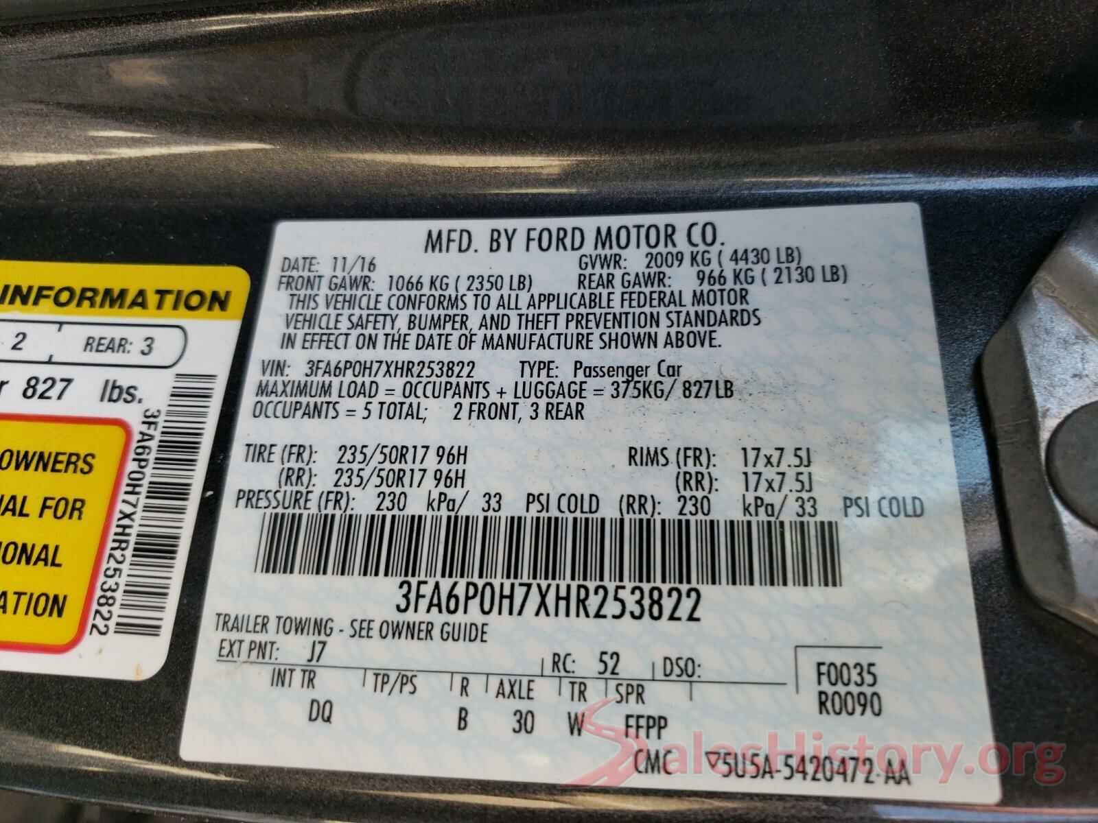 3FA6P0H7XHR253822 2017 FORD FUSION