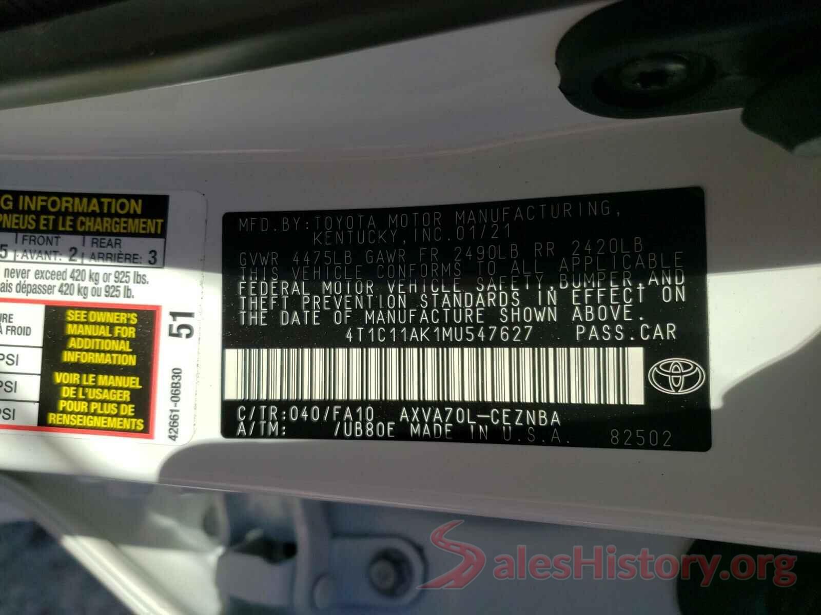 4T1C11AK1MU547627 2021 TOYOTA CAMRY