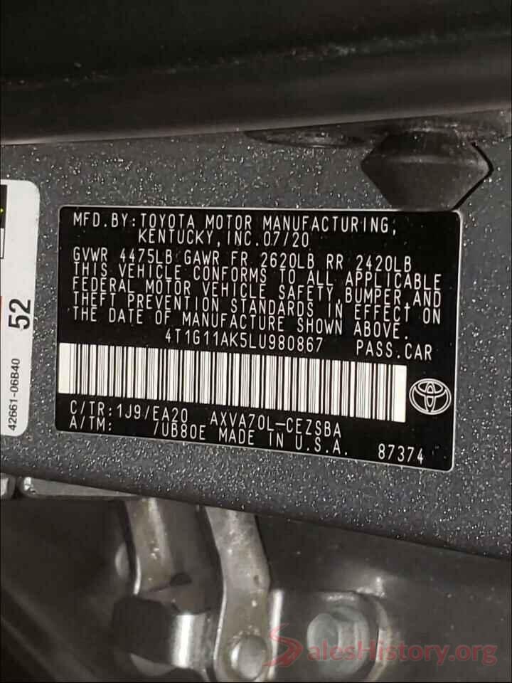 4T1G11AK5LU980867 2020 TOYOTA CAMRY