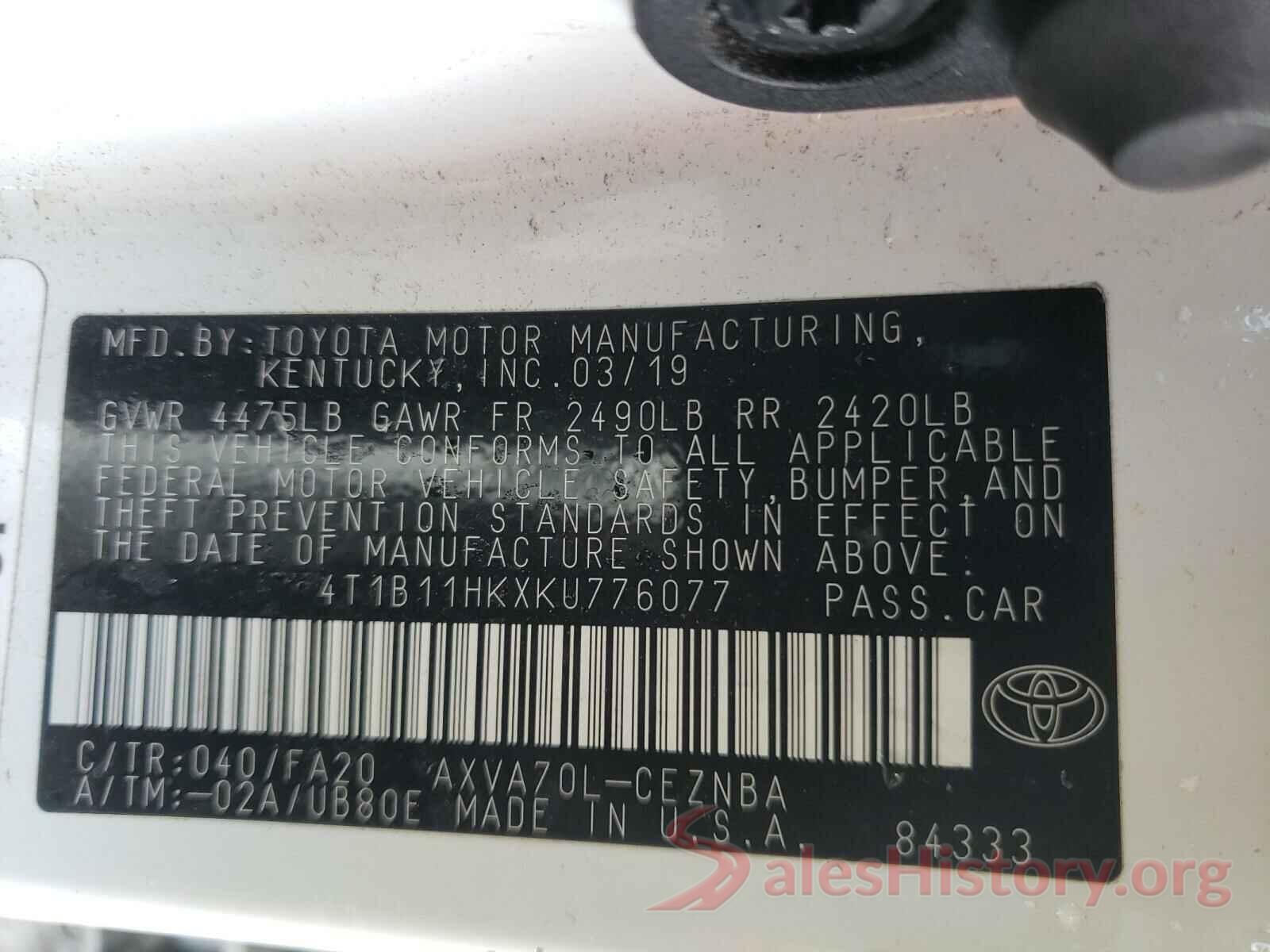 4T1B11HKXKU776077 2019 TOYOTA CAMRY