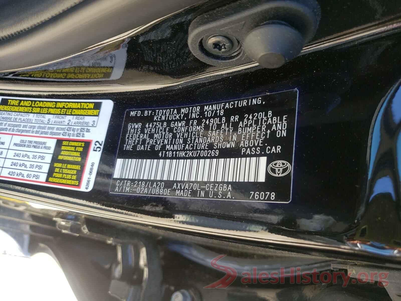 4T1B11HK2KU700269 2019 TOYOTA CAMRY