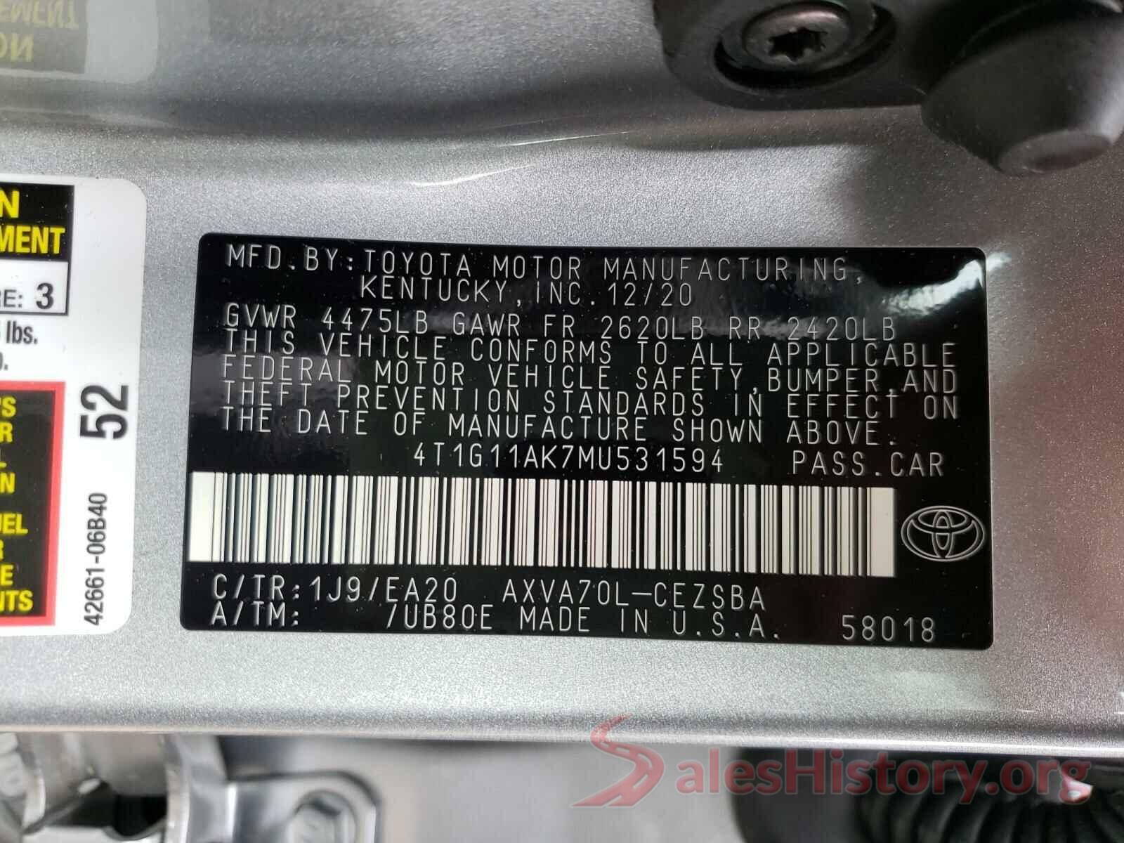 4T1G11AK7MU531594 2021 TOYOTA CAMRY