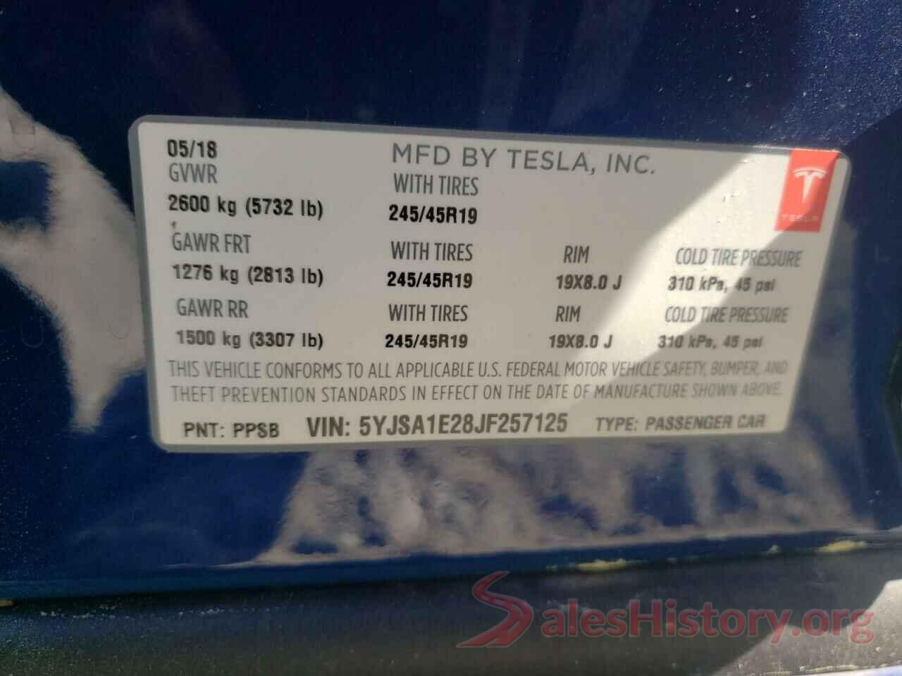 5YJSA1E28JF257125 2018 TESLA MODEL S