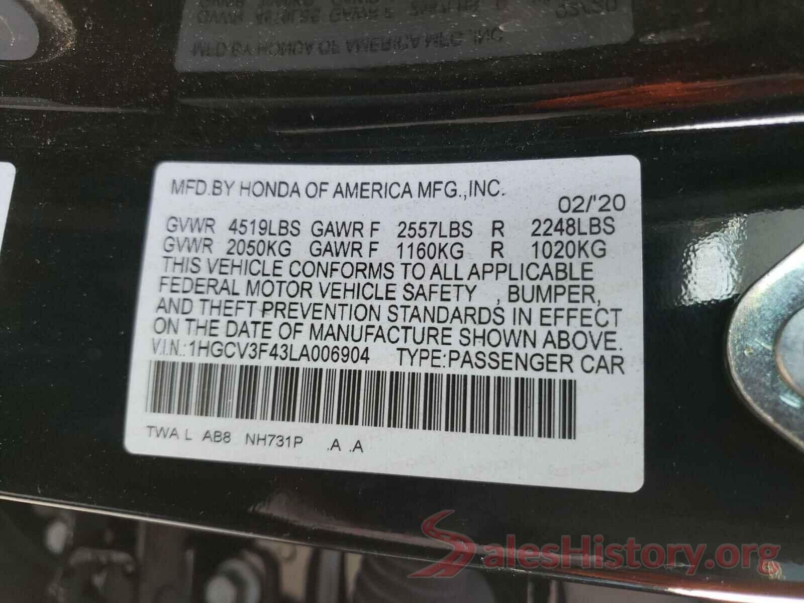 1HGCV3F43LA006904 2020 HONDA ACCORD