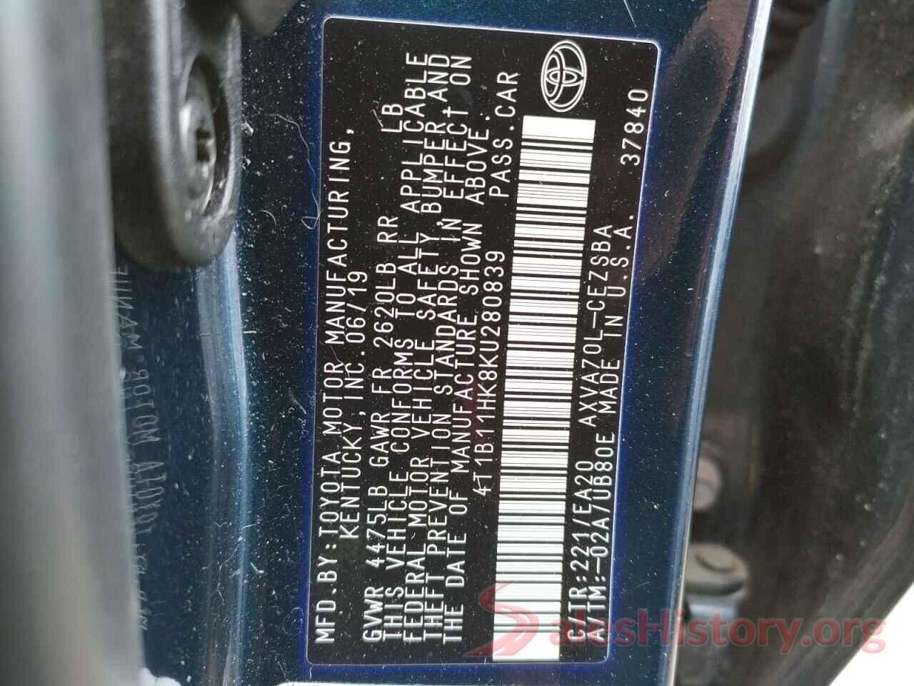 4T1B11HK8KU280839 2019 TOYOTA CAMRY