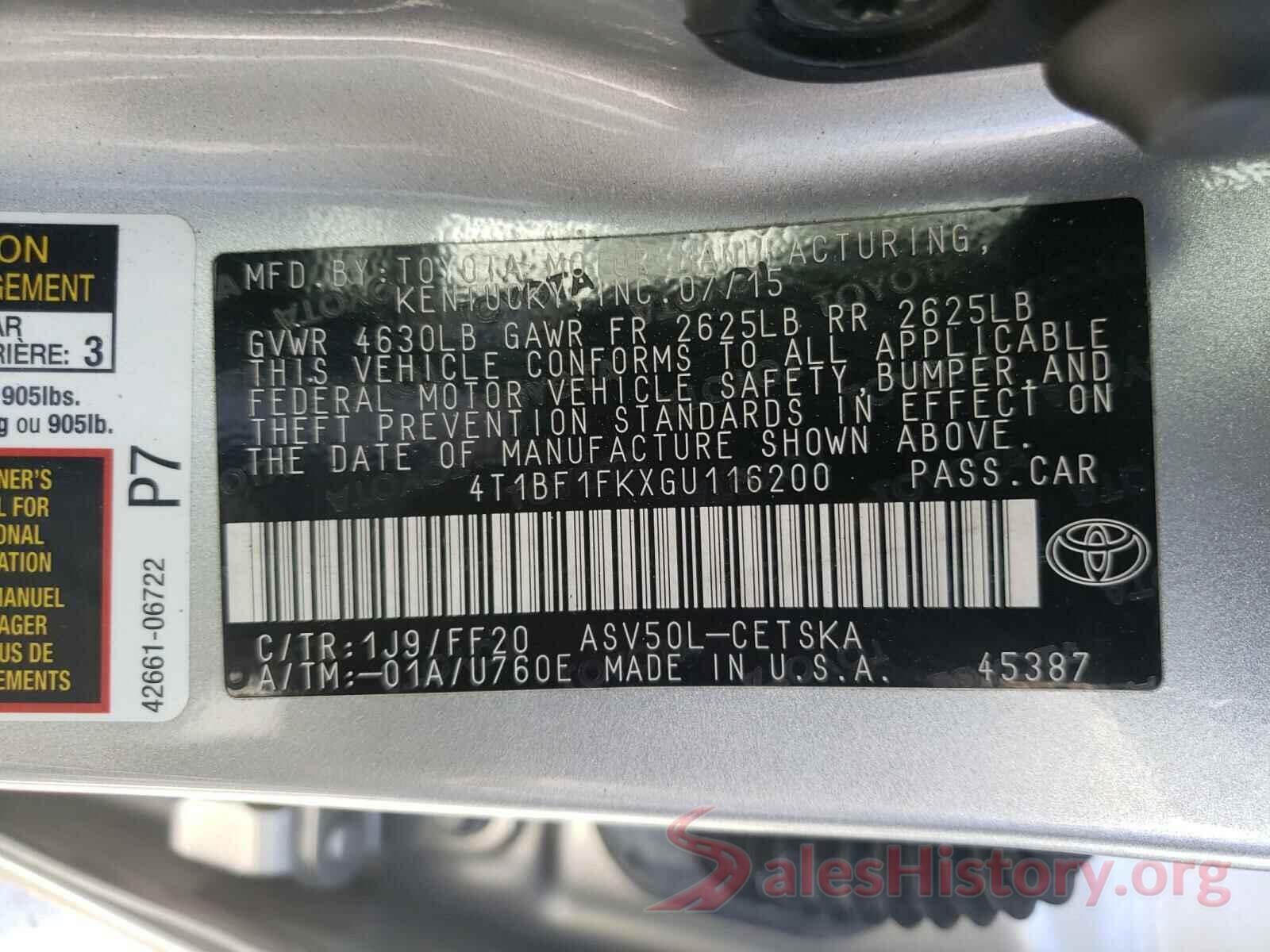 4T1BF1FKXGU116200 2016 TOYOTA CAMRY