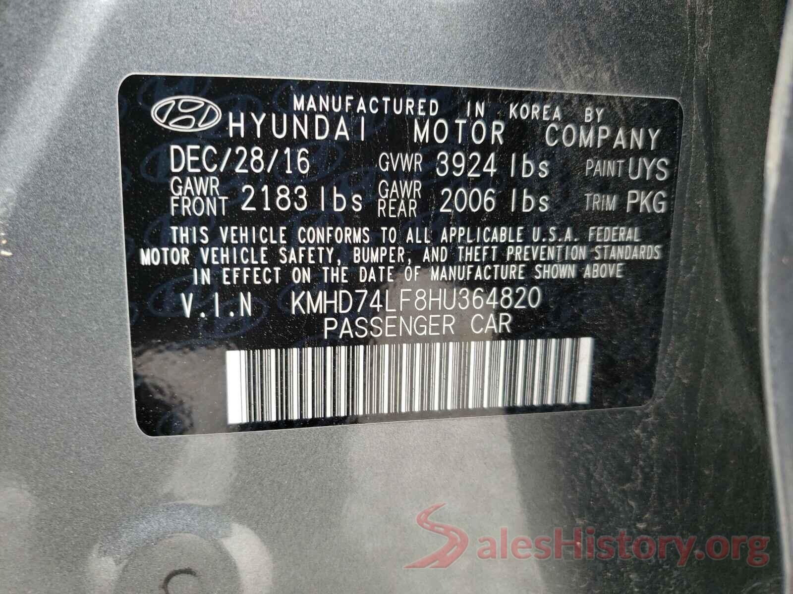 KMHD74LF8HU364820 2017 HYUNDAI ELANTRA