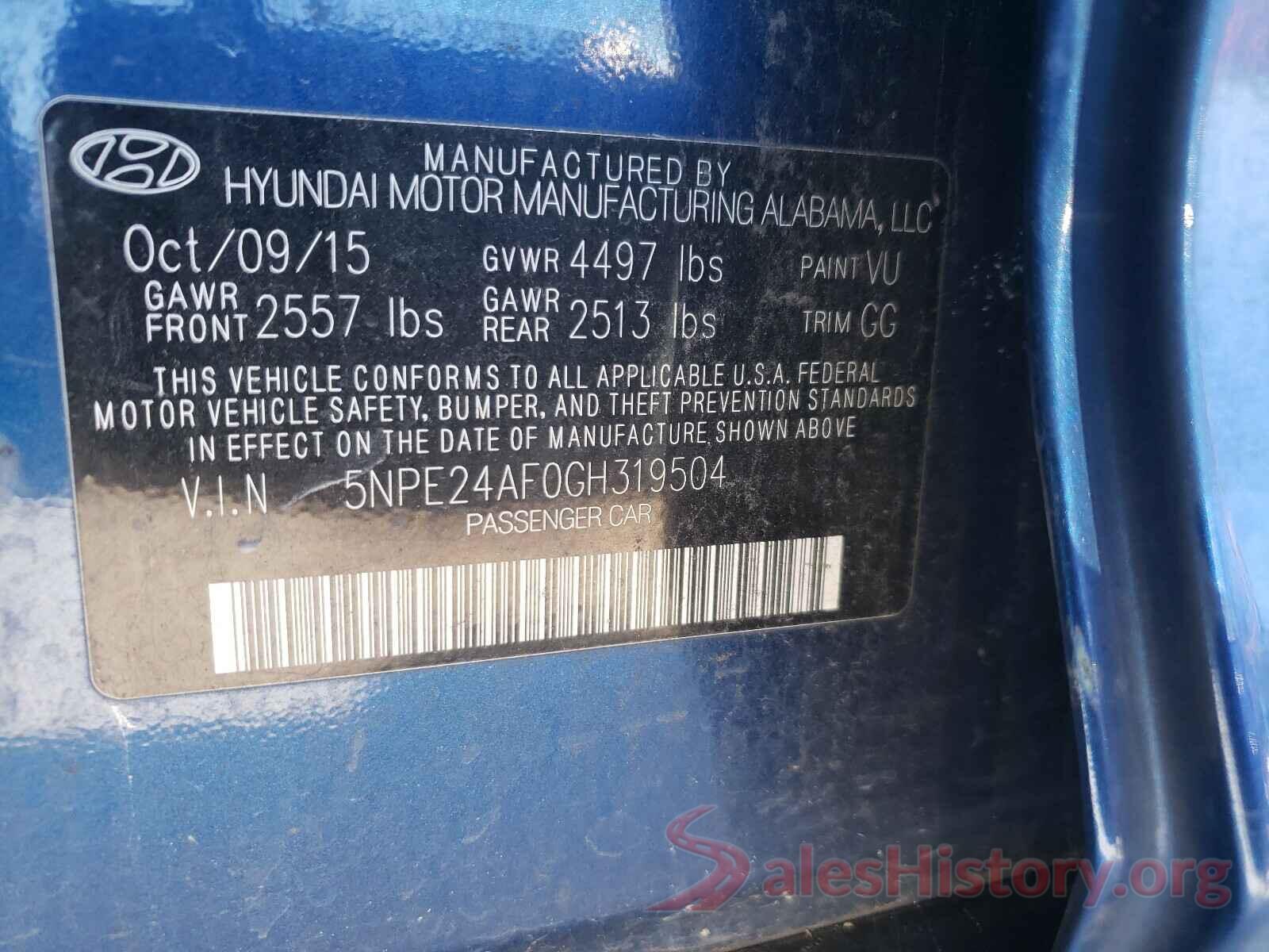 5NPE24AF0GH319504 2016 HYUNDAI SONATA