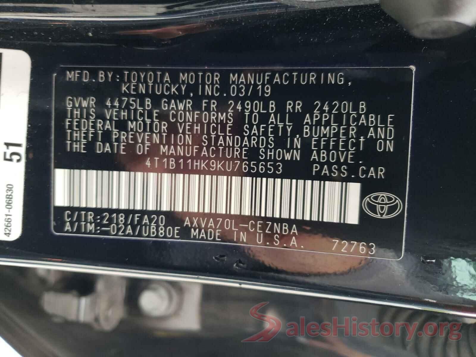 4T1B11HK9KU765653 2019 TOYOTA CAMRY