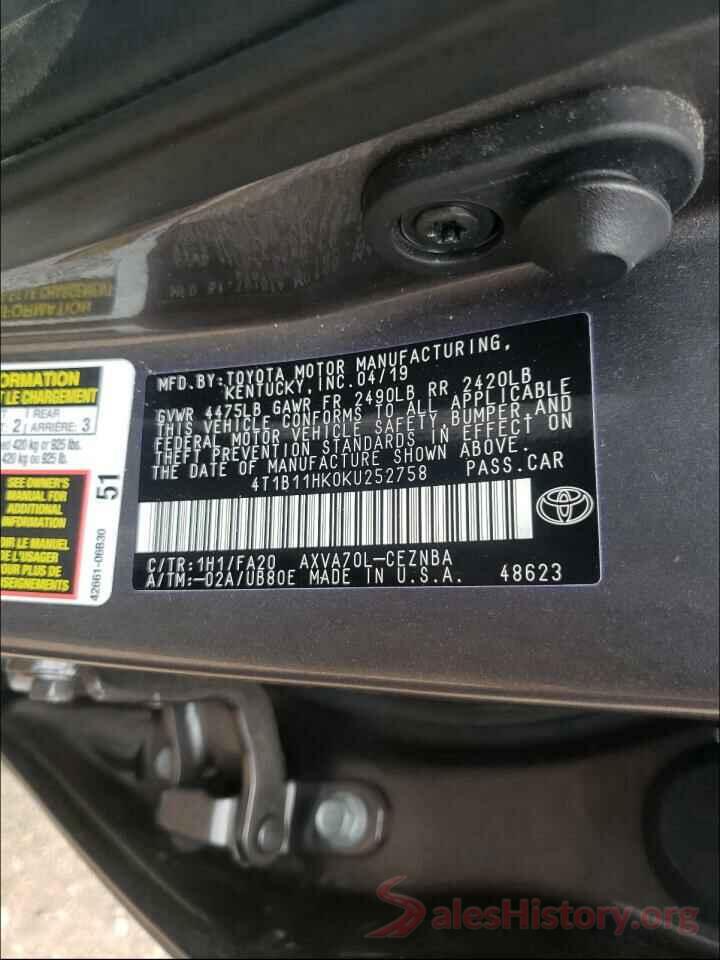 4T1B11HK0KU252758 2019 TOYOTA CAMRY