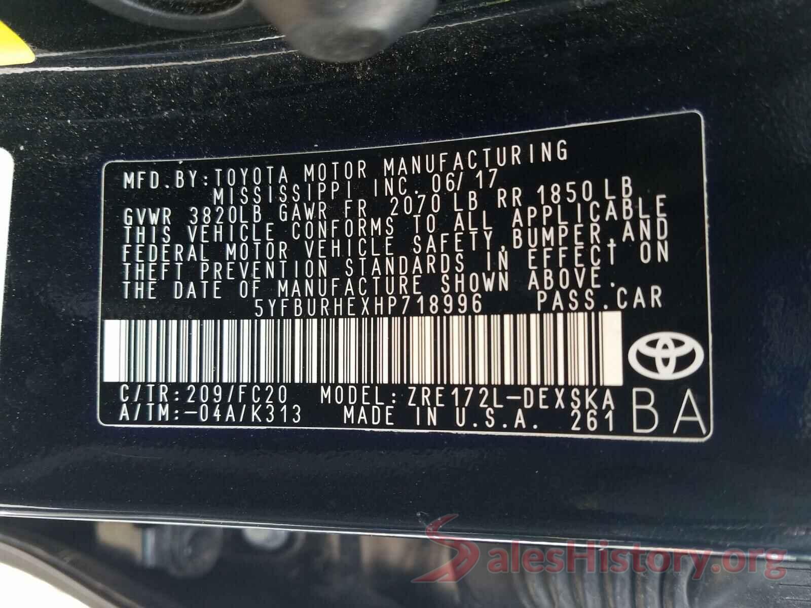 5YFBURHEXHP718996 2017 TOYOTA COROLLA