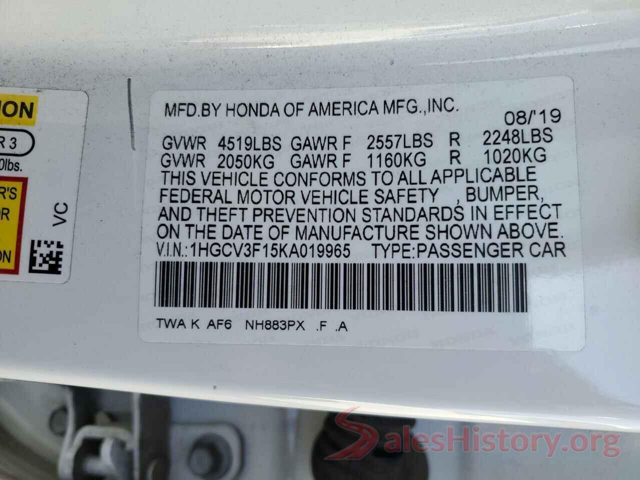 1HGCV3F15KA019965 2019 HONDA ACCORD