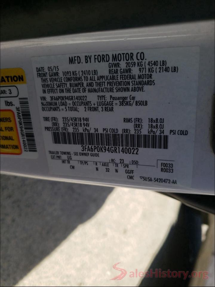 3FA6P0K94GR140022 2016 FORD FUSION