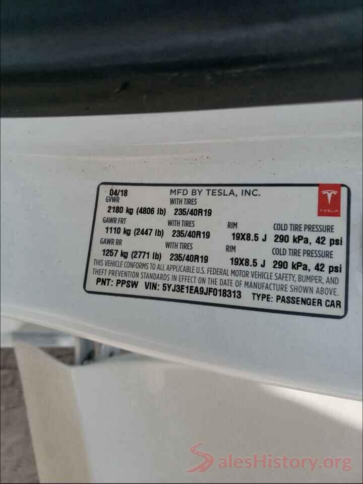 5YJ3E1EA9JF018313 2018 TESLA MODEL 3