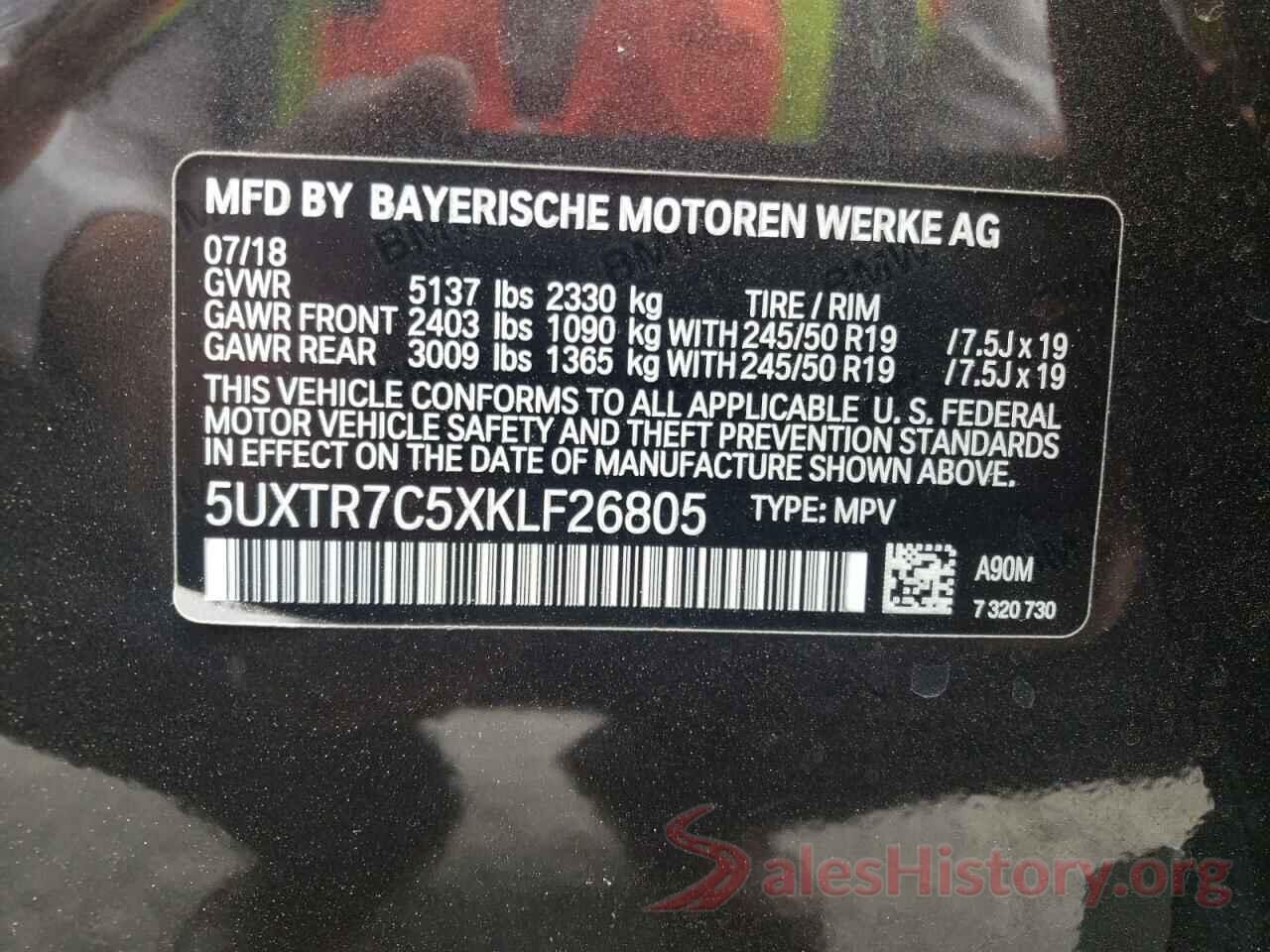 5UXTR7C5XKLF26805 2019 BMW X3