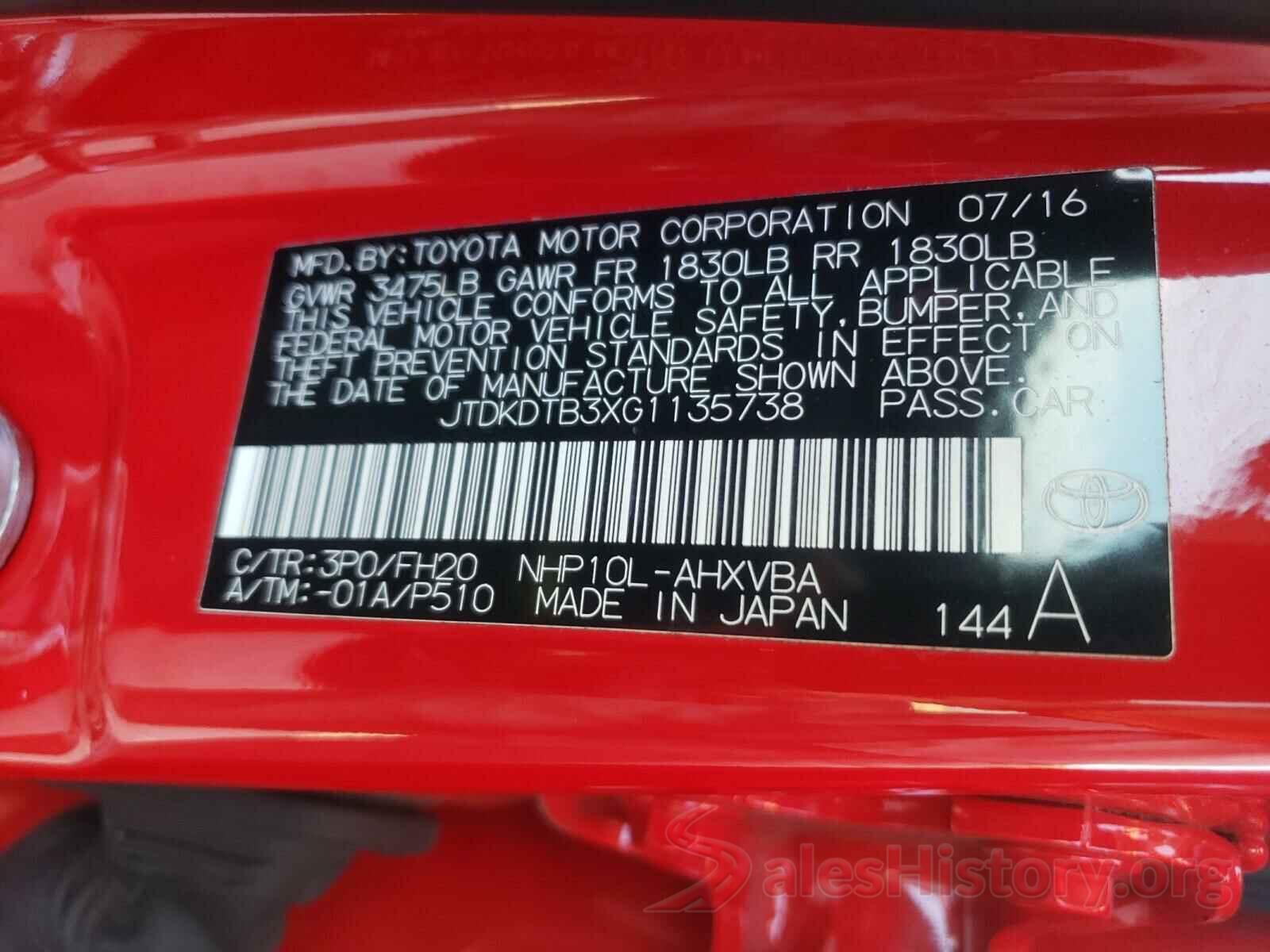 JTDKDTB3XG1135738 2016 TOYOTA PRIUS