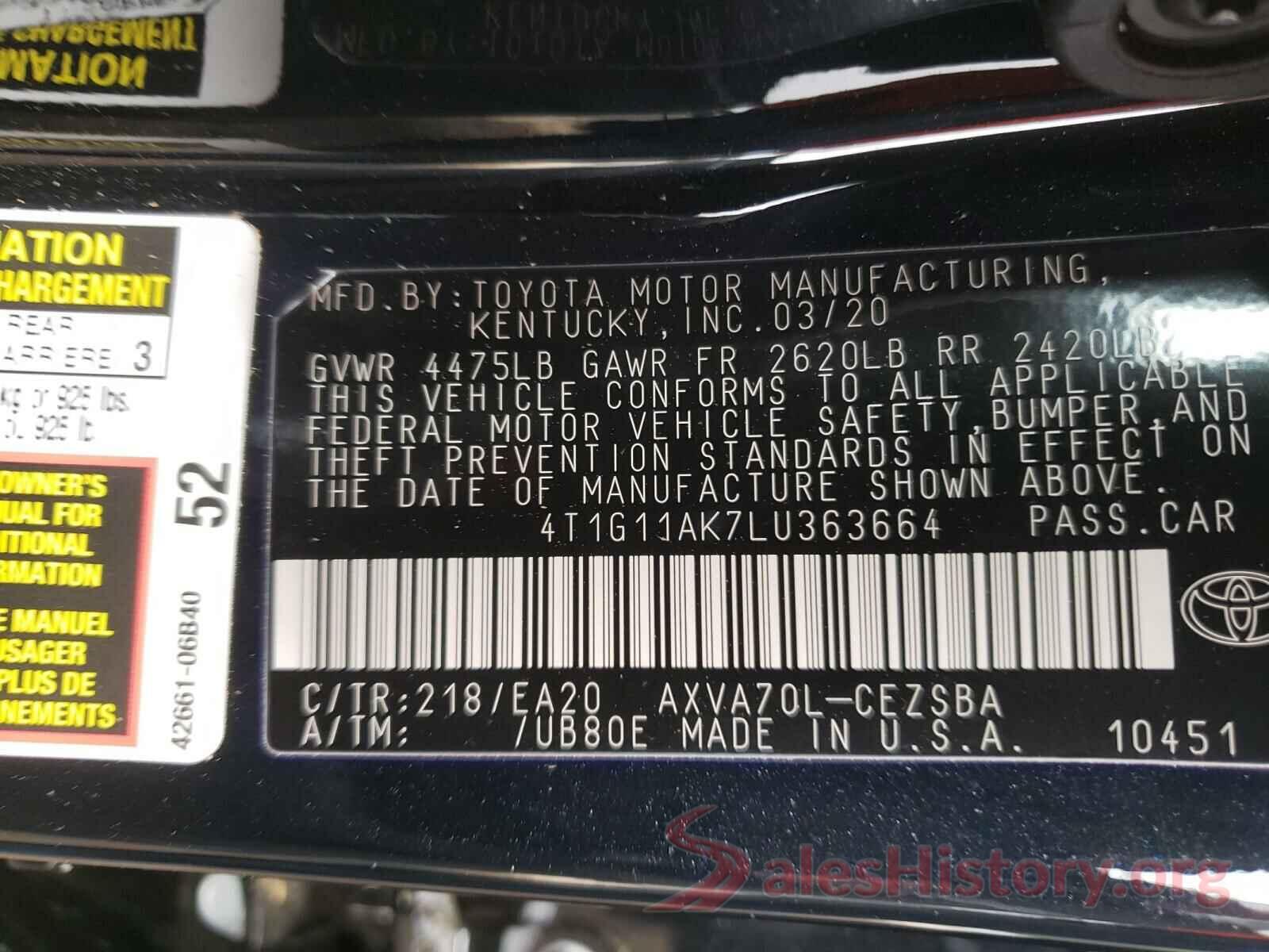 4T1G11AK7LU363664 2020 TOYOTA CAMRY