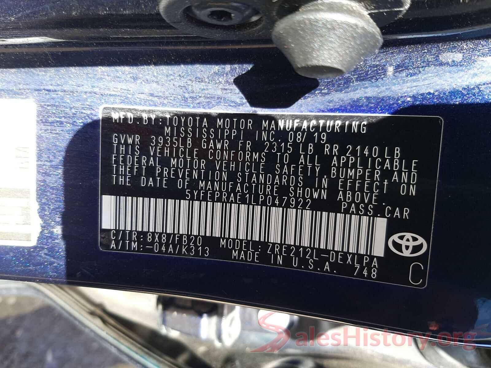 5YFEPRAE1LP047922 2020 TOYOTA COROLLA