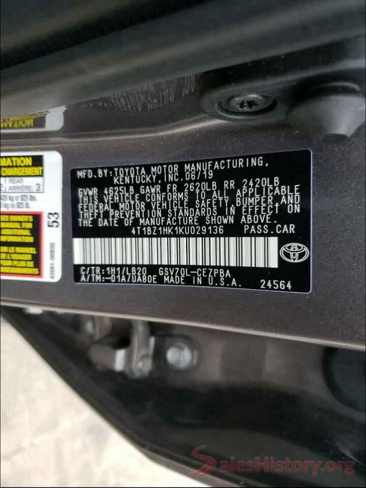 4T1BZ1HK1KU029136 2019 TOYOTA CAMRY