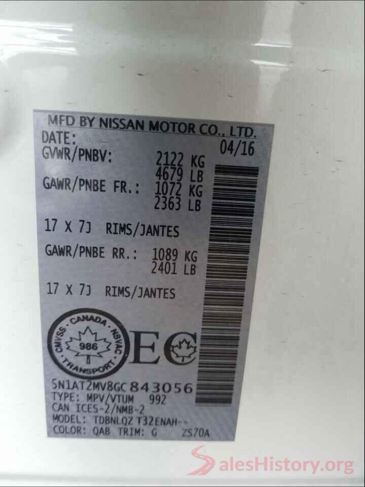 5N1AT2MV8GC843056 2016 NISSAN ROGUE