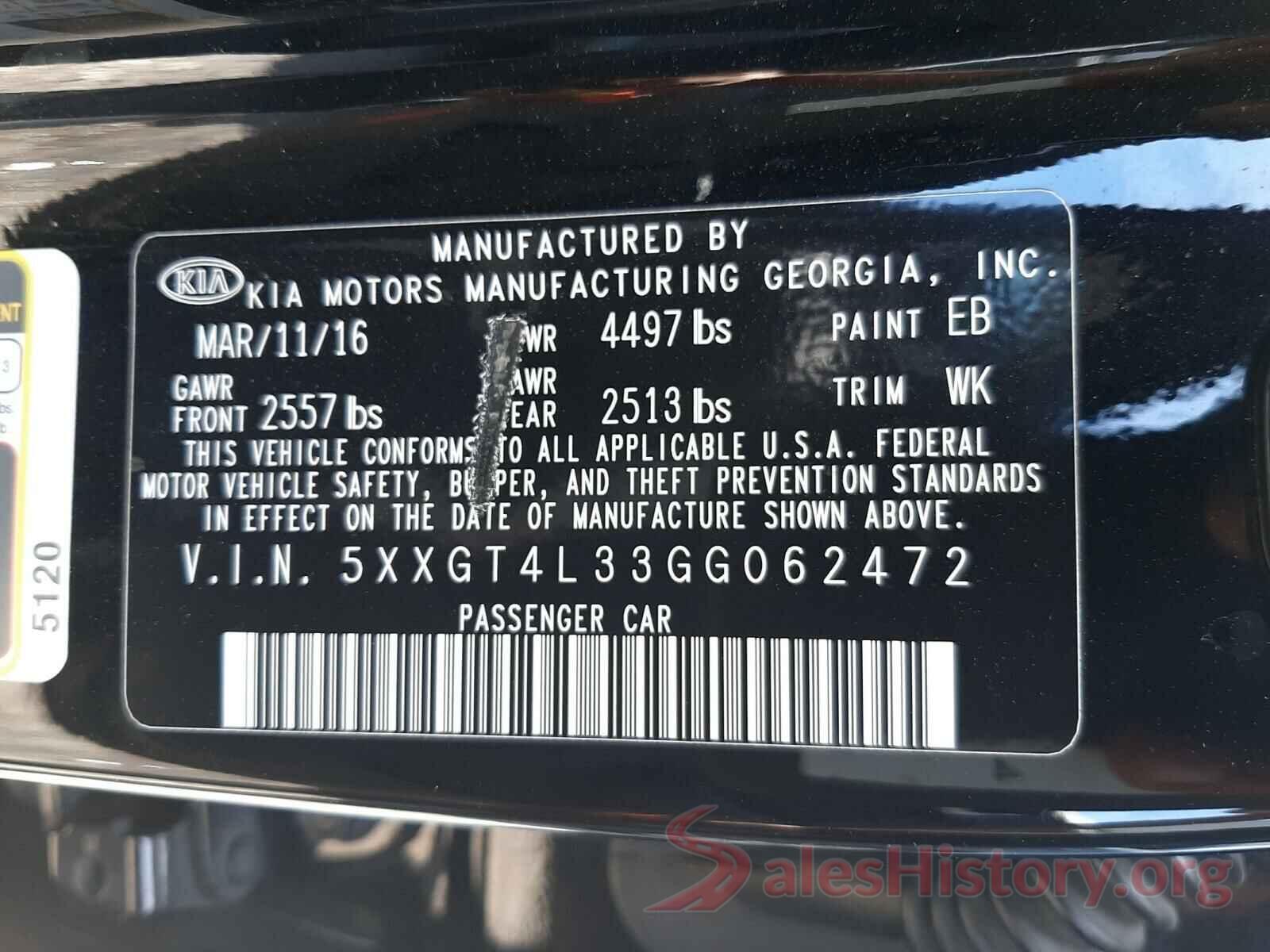 5XXGT4L33GG062472 2016 KIA OPTIMA