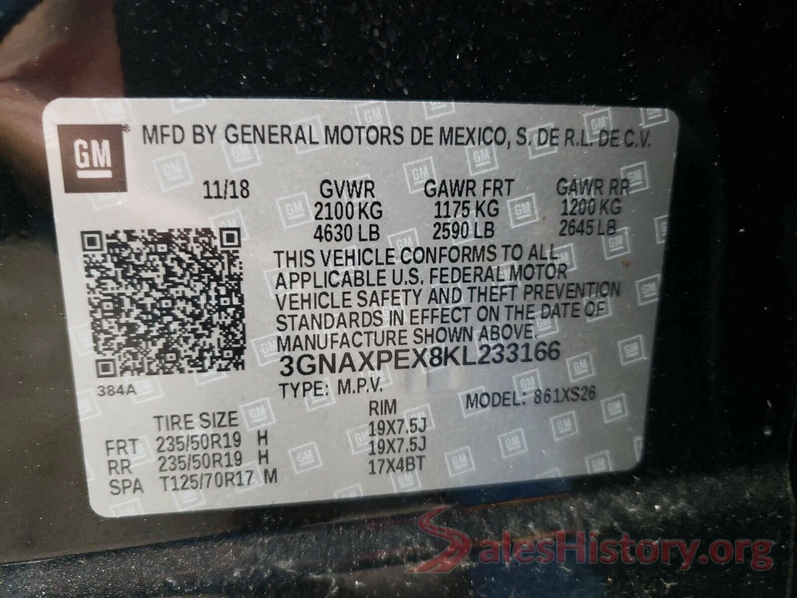 3GNAXPEX8KL233166 2019 CHEVROLET EQUINOX