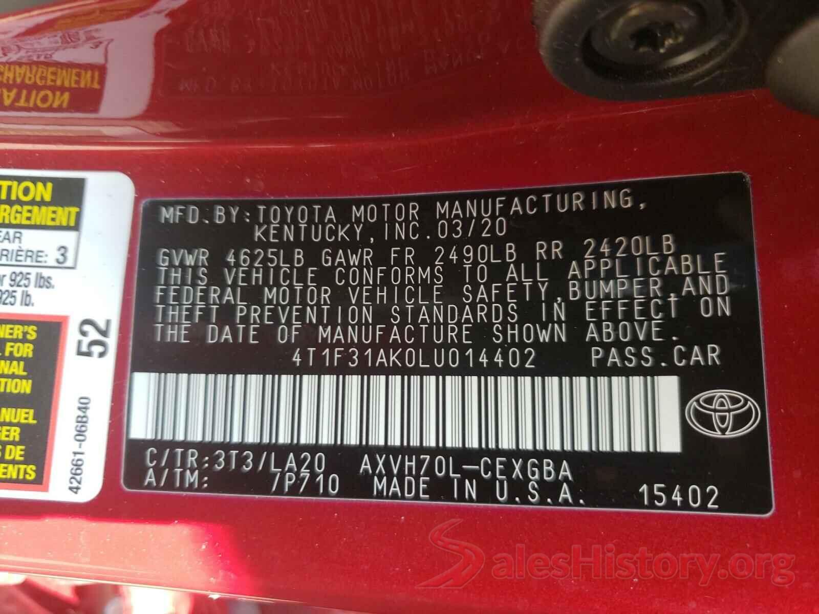 4T1F31AK0LU014402 2020 TOYOTA CAMRY