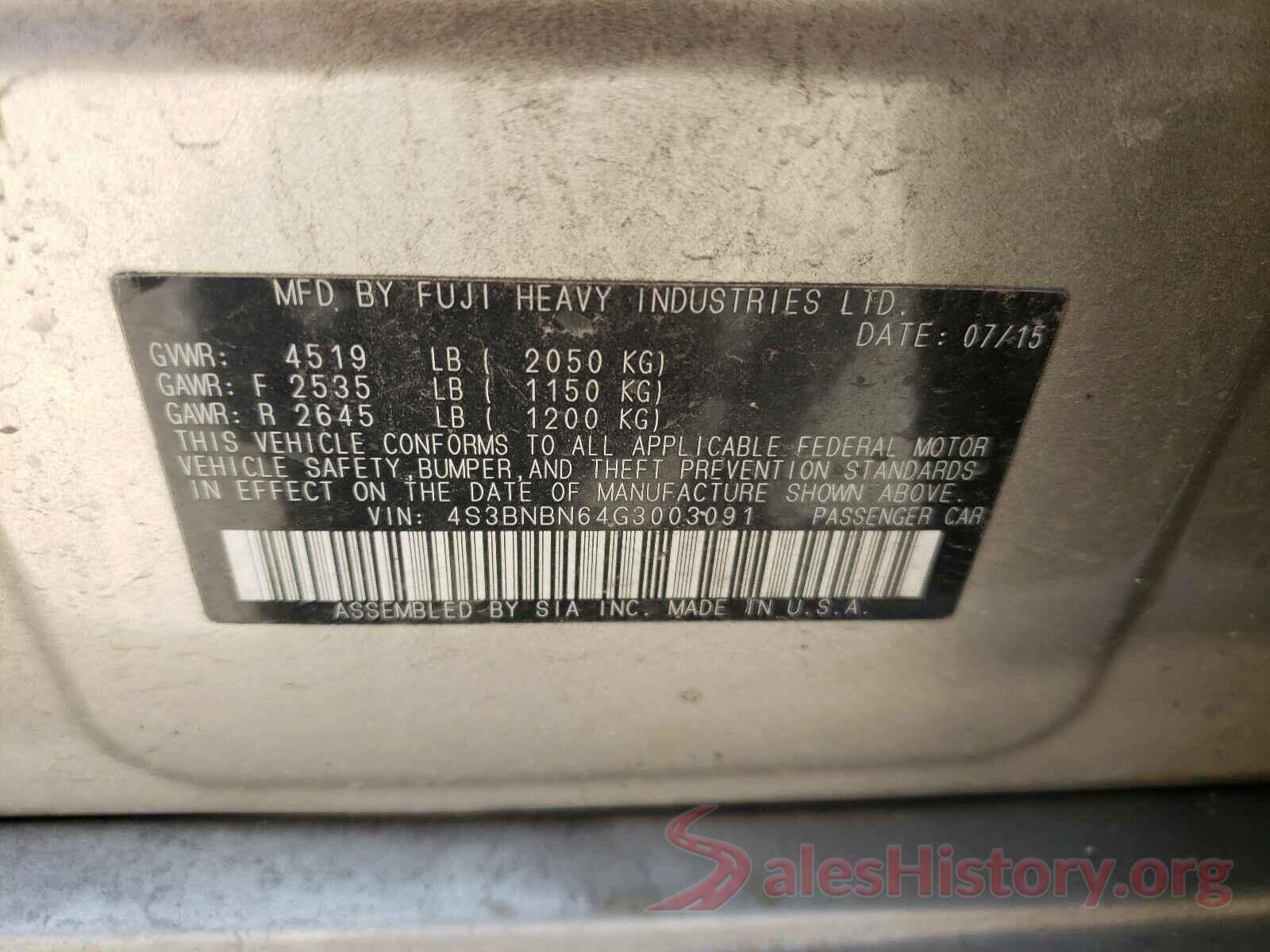 4S3BNBN64G3003091 2016 SUBARU LEGACY