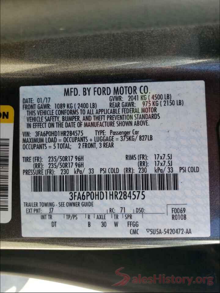 3FA6P0HD1HR284575 2017 FORD FUSION