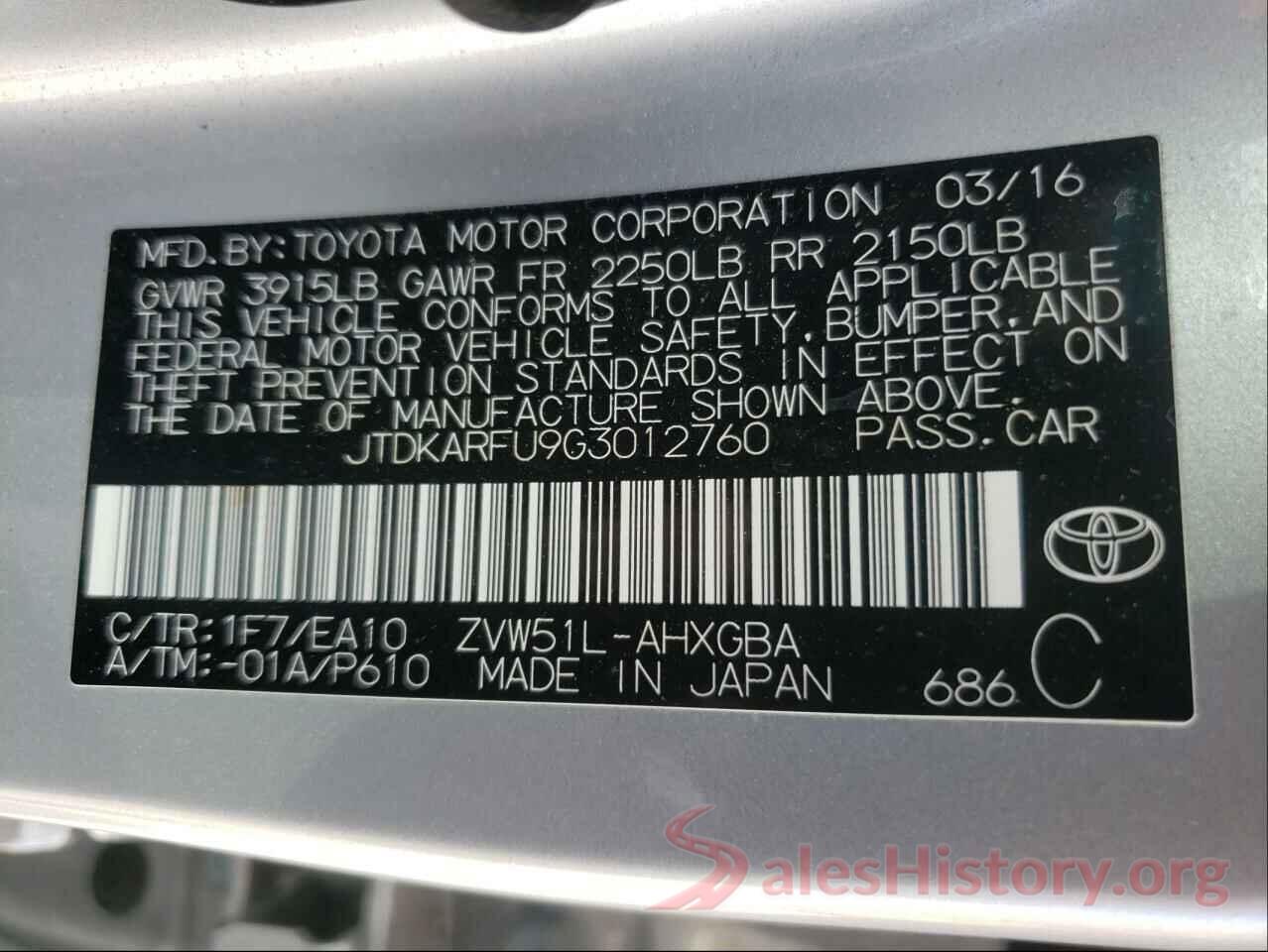 JTDKARFU9G3012760 2016 TOYOTA PRIUS