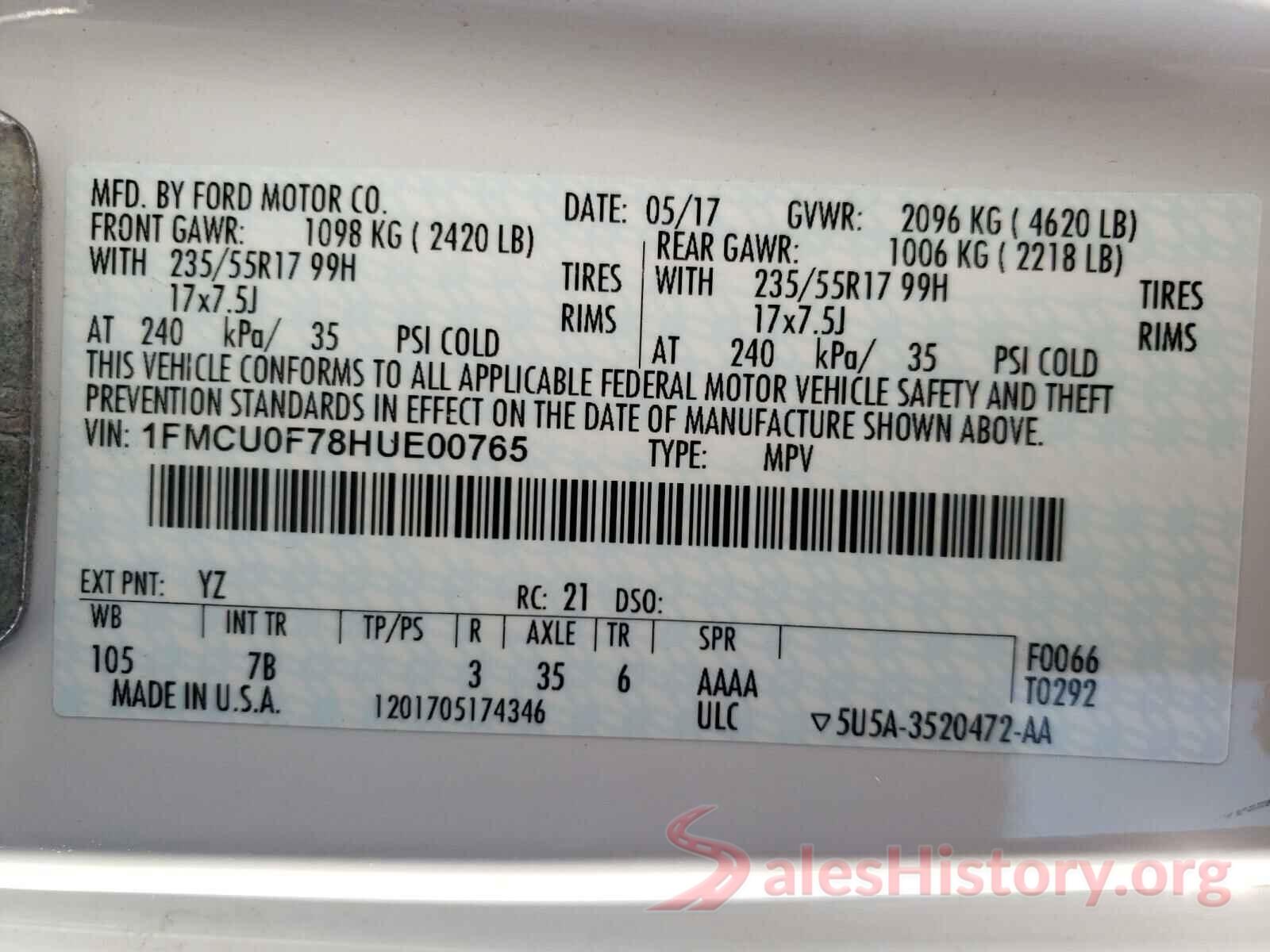 1FMCU0F78HUE00765 2017 FORD ESCAPE