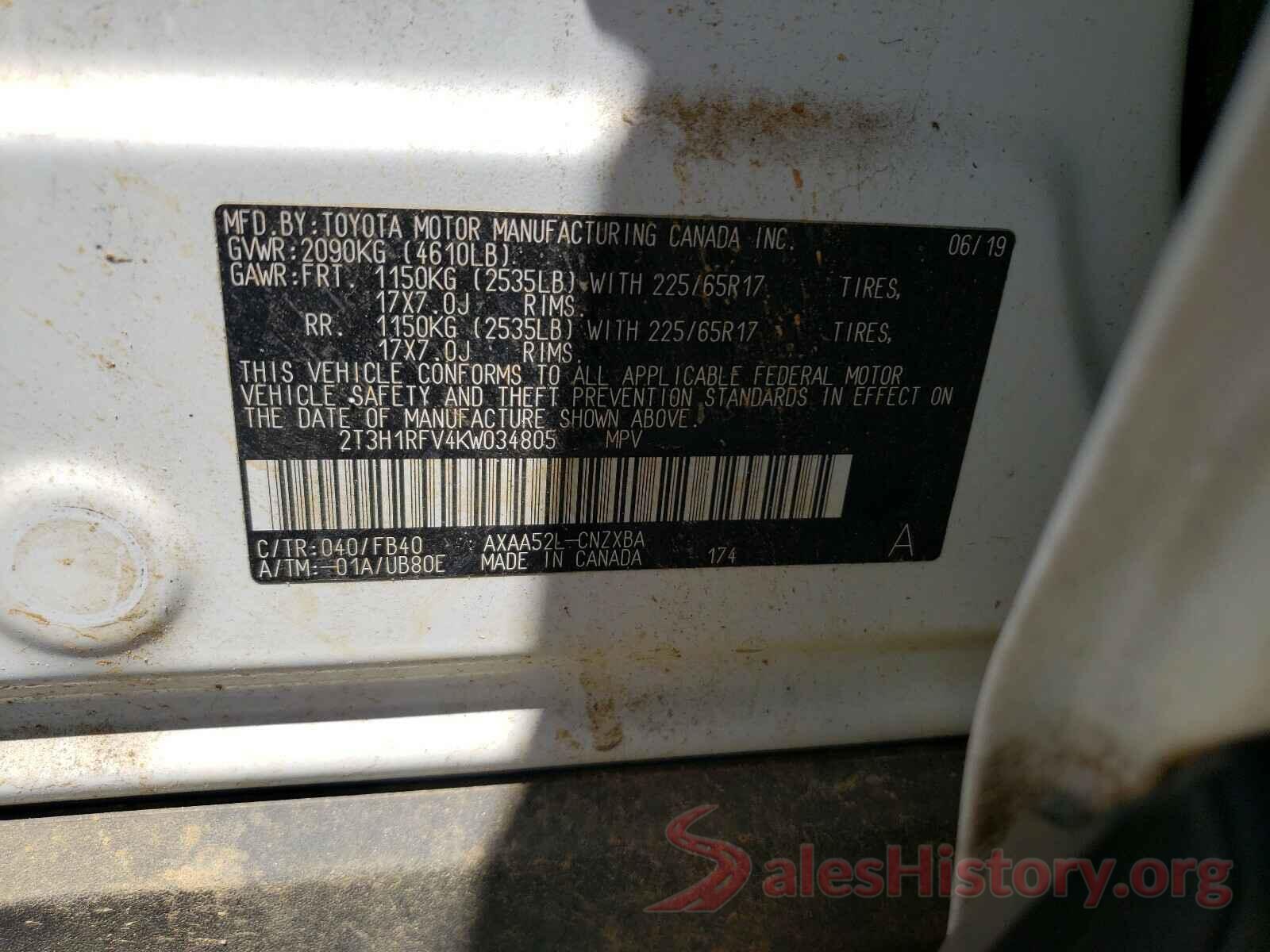 2T3H1RFV4KW034805 2019 TOYOTA RAV4