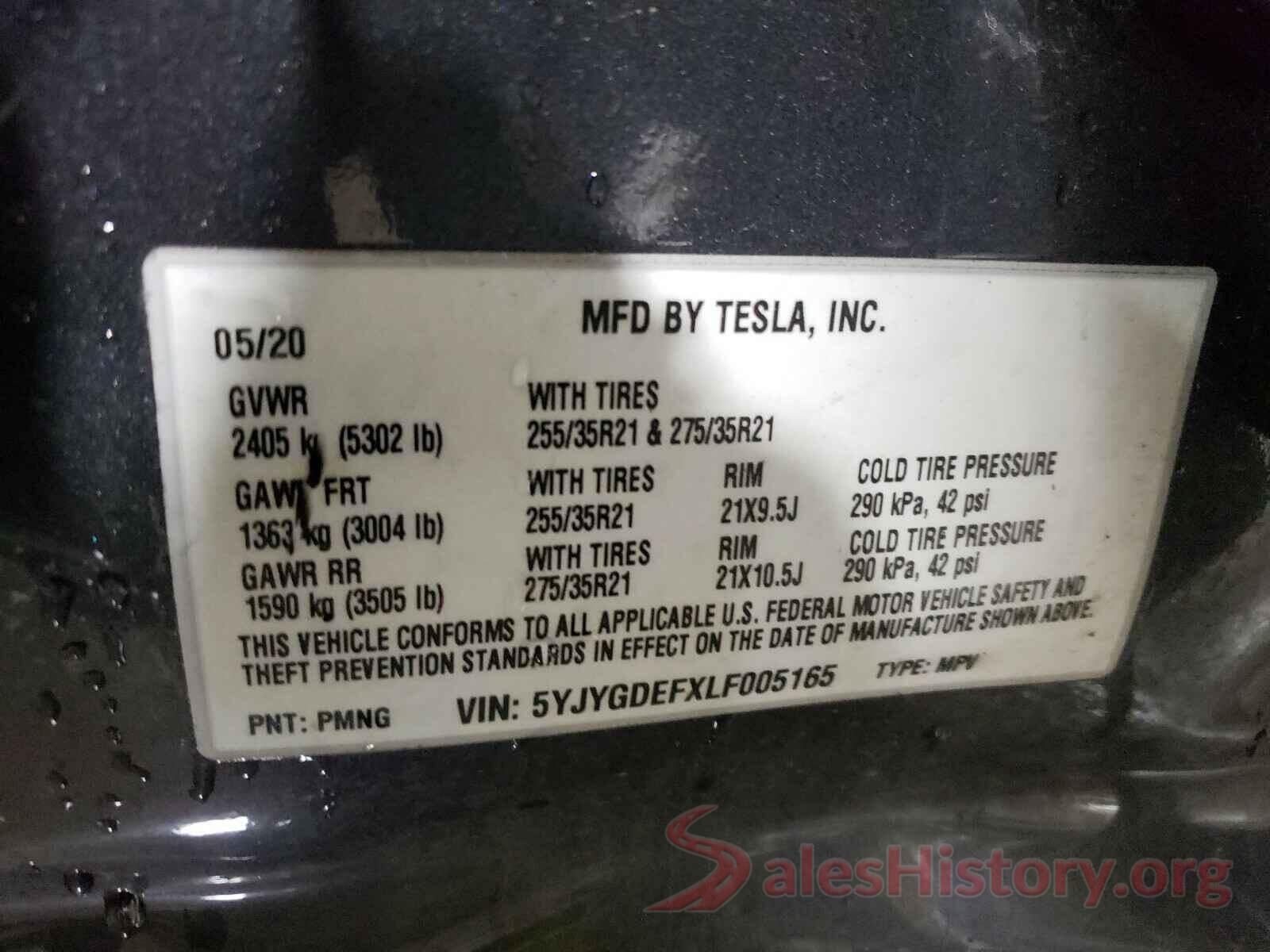 5YJYGDEFXLF005165 2020 TESLA MODEL Y