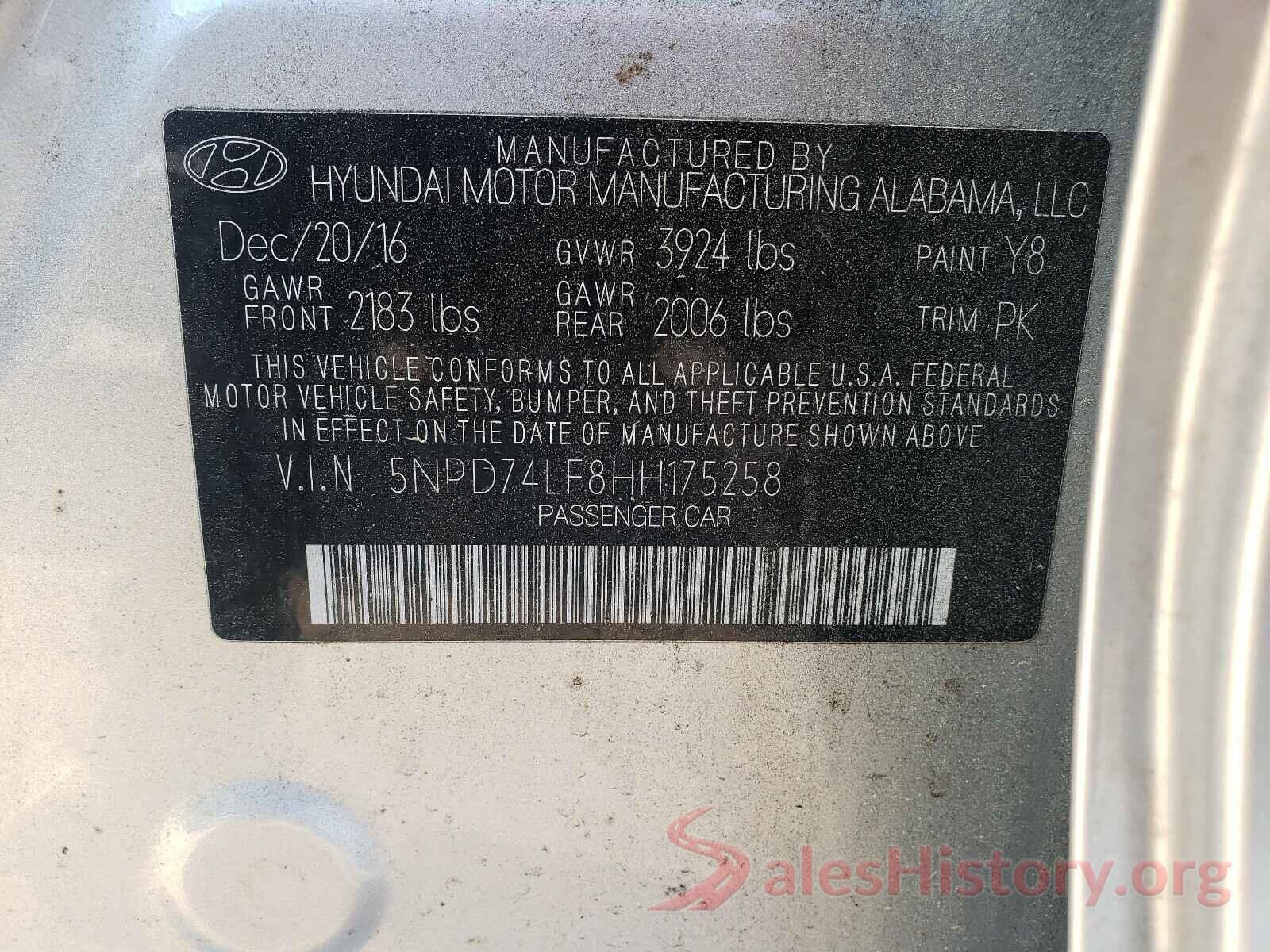 5NPD74LF8HH175258 2017 HYUNDAI ELANTRA