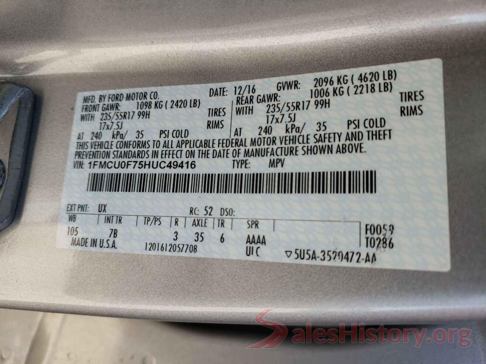 1FMCU0F75HUC49416 2017 FORD ESCAPE