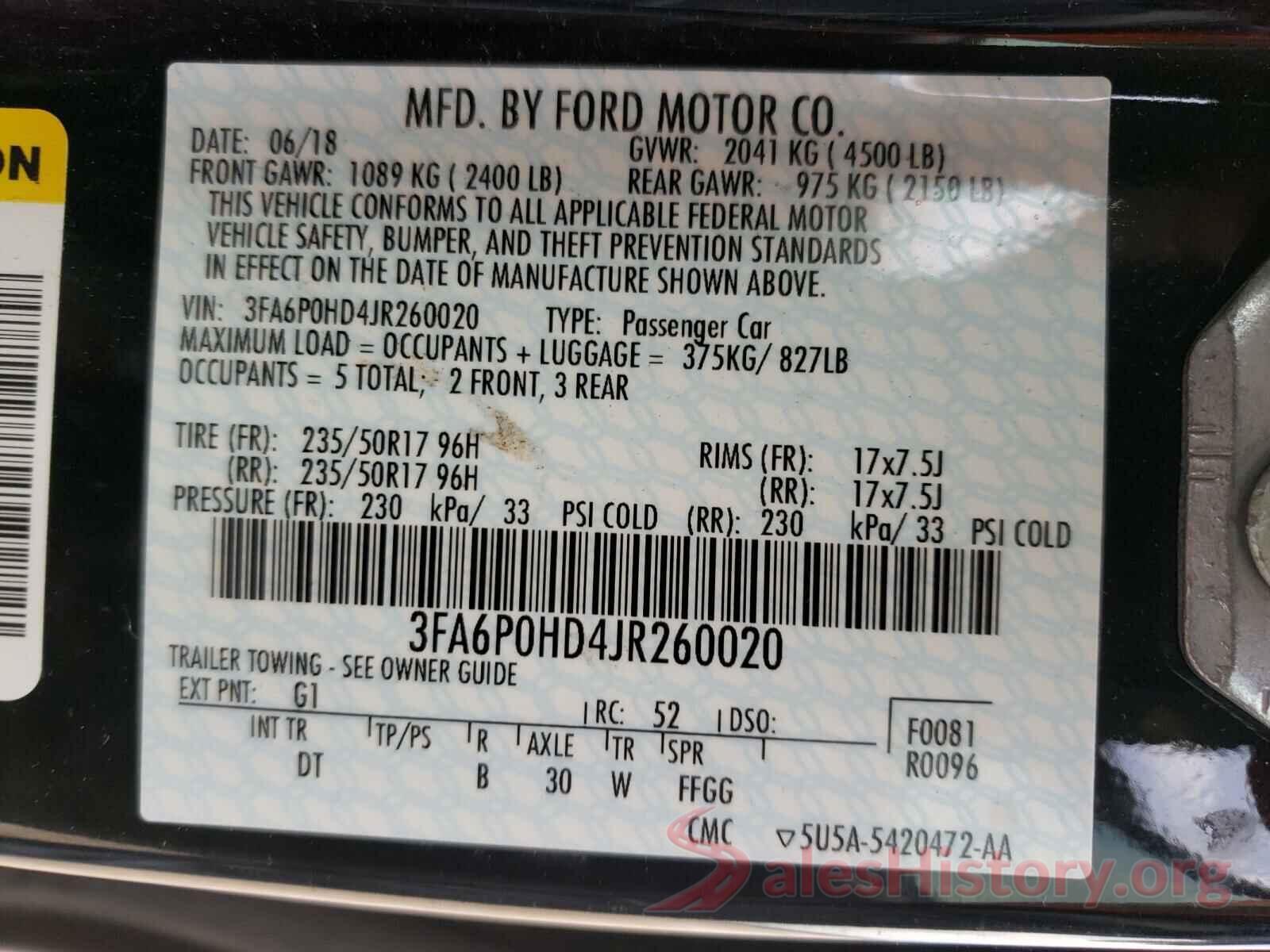 3FA6P0HD4JR260020 2018 FORD FUSION