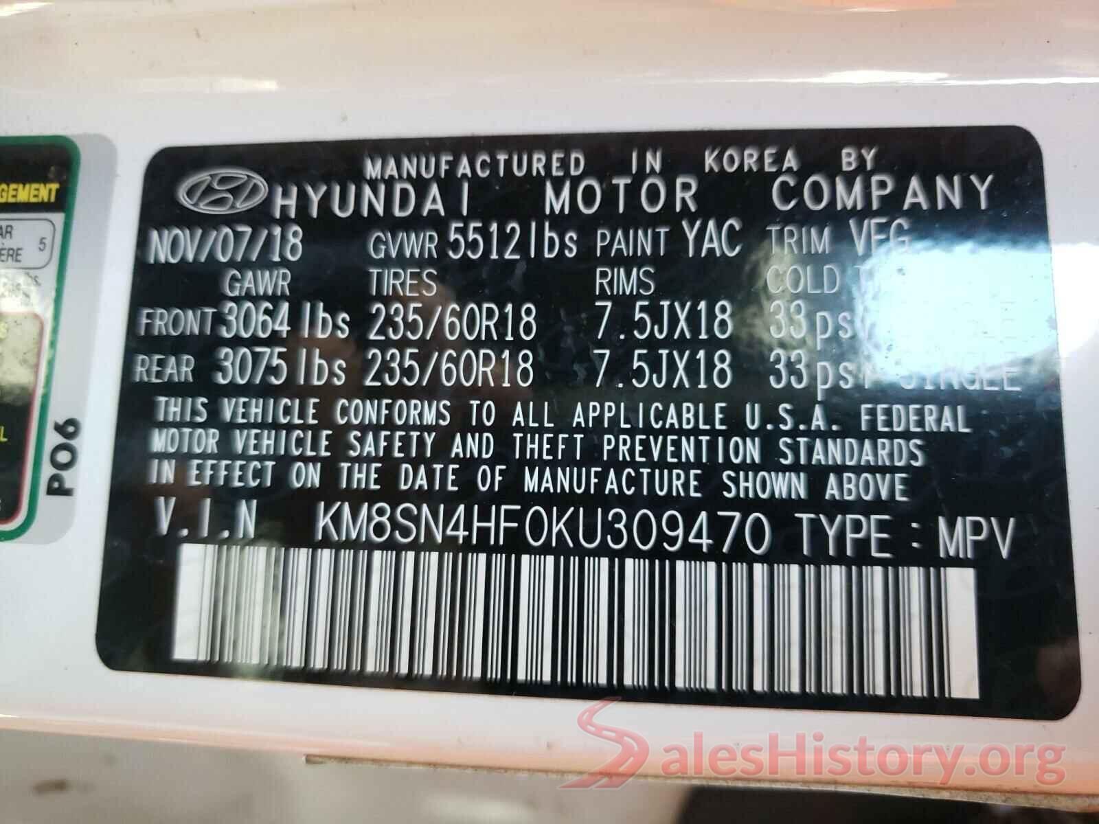 KM8SN4HF0KU309470 2019 HYUNDAI SANTA FE