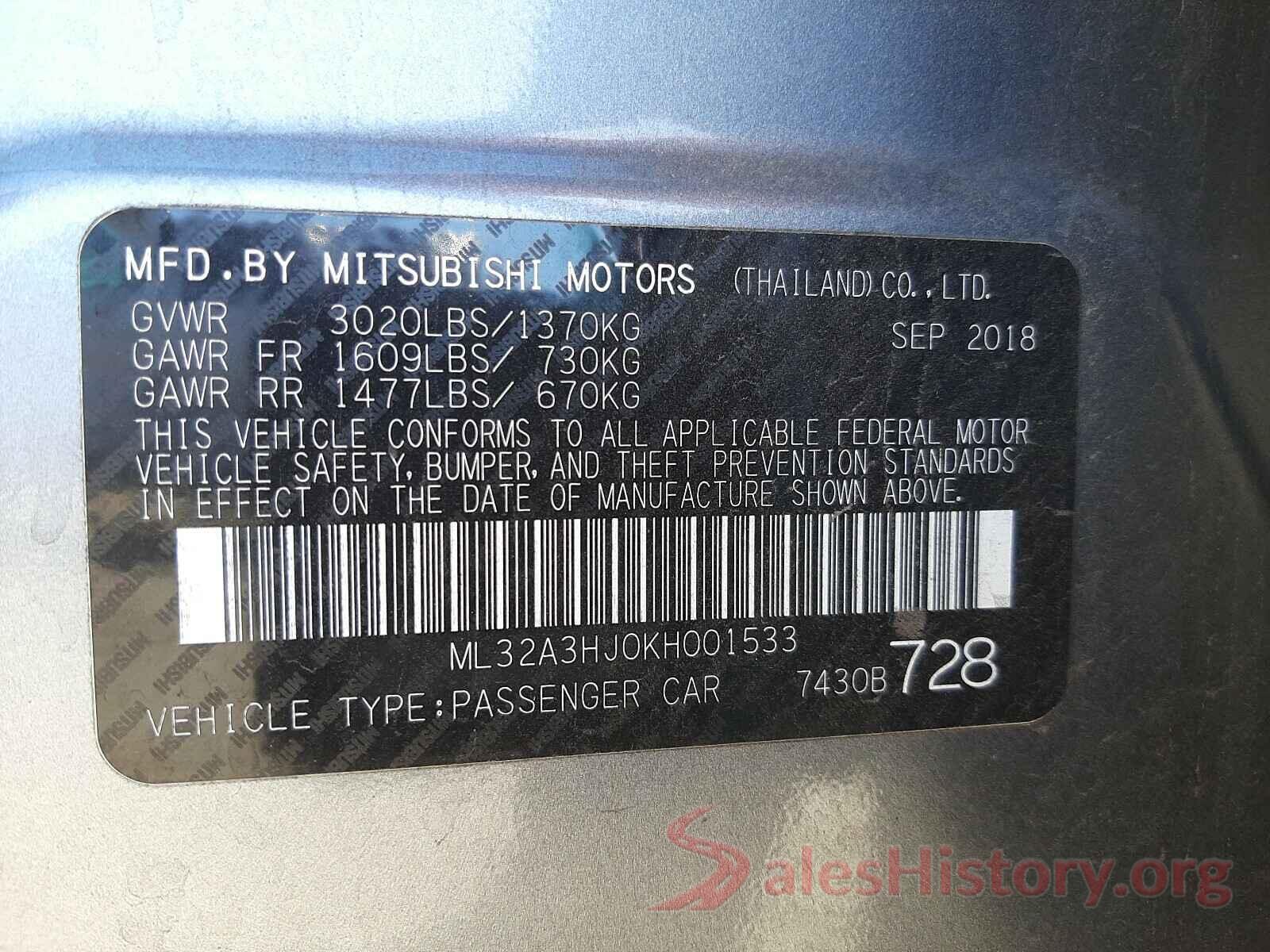 ML32A3HJ0KH001533 2019 MITSUBISHI MIRAGE