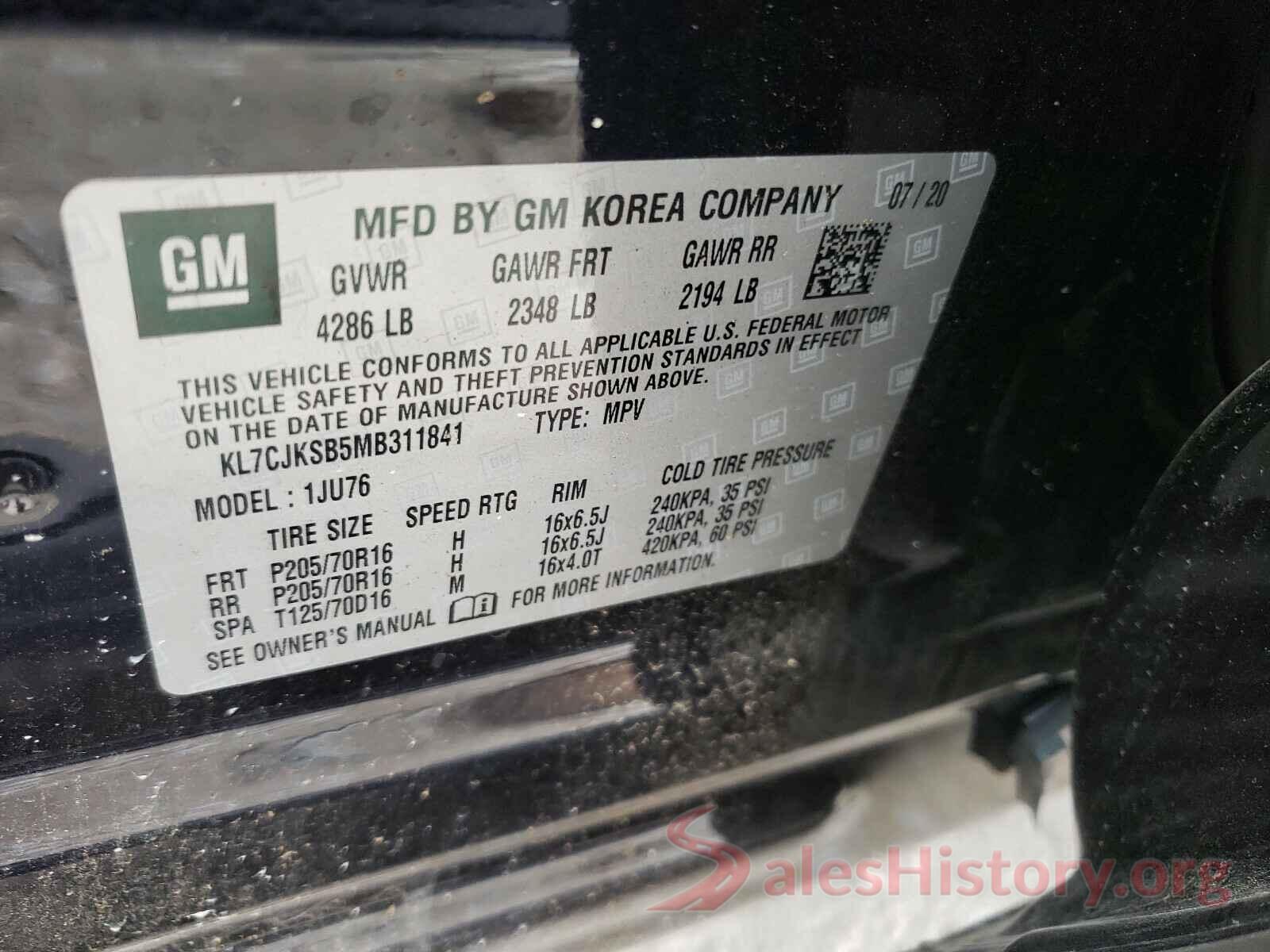 KL7CJKSB5MB311841 2021 CHEVROLET TRAX