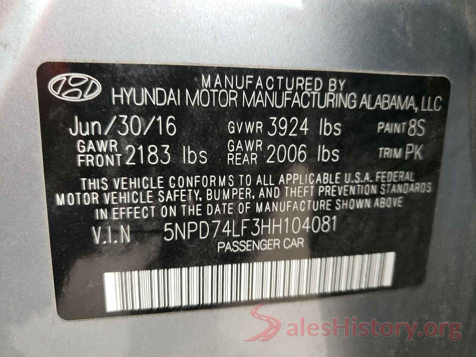 5NPD74LF3HH104081 2017 HYUNDAI ELANTRA