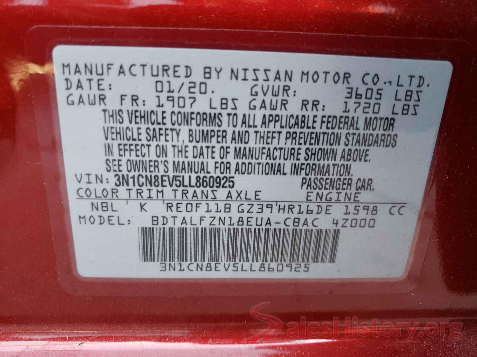 3N1CN8EV5LL860925 2020 NISSAN VERSA