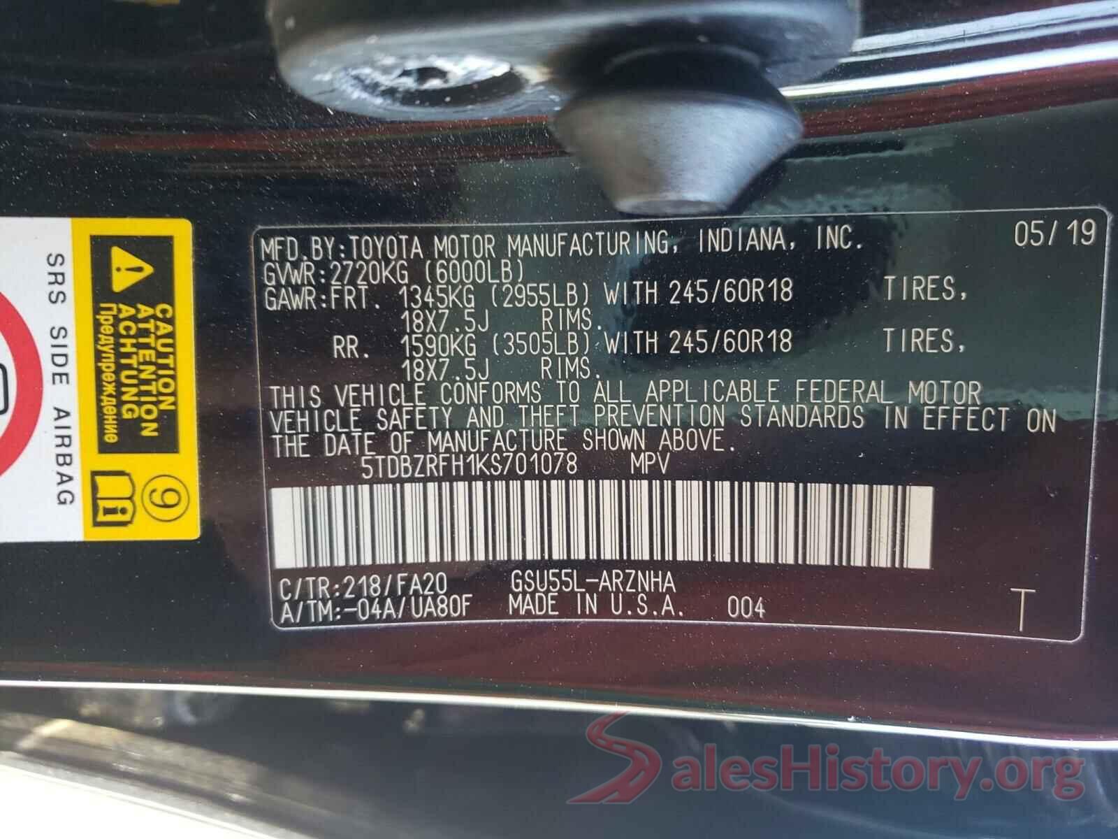 5TDBZRFH1KS701078 2019 TOYOTA HIGHLANDER