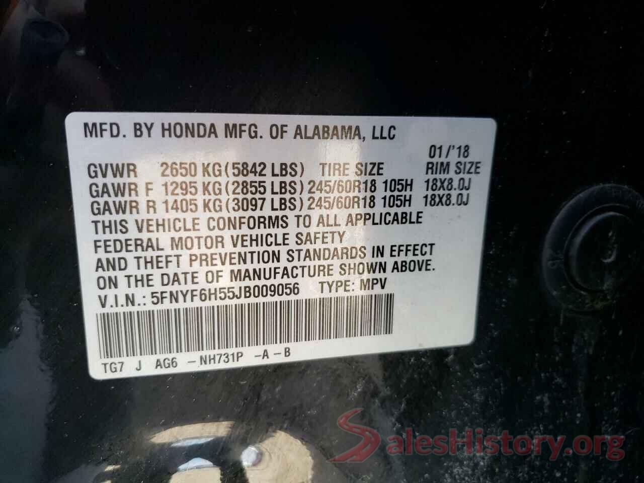 5FNYF6H55JB009056 2018 HONDA PILOT