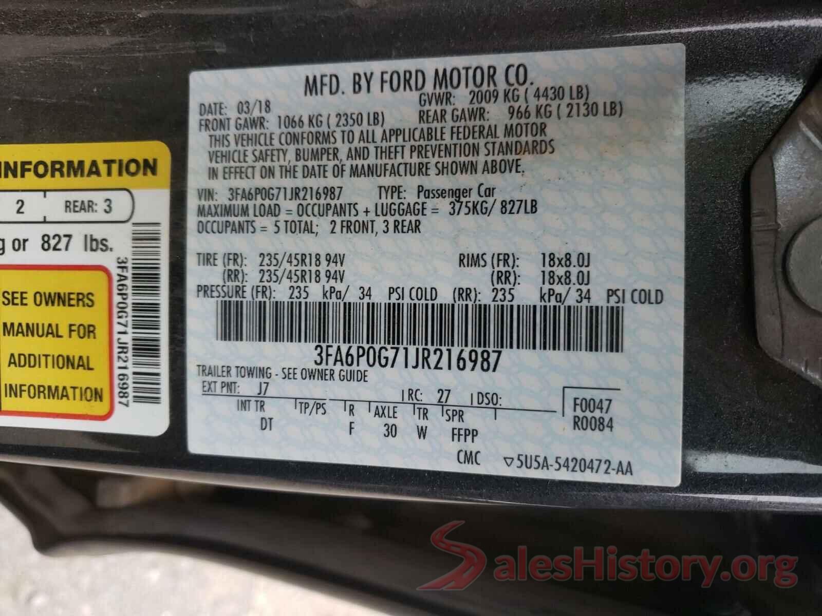 3FA6P0G71JR216987 2018 FORD FUSION