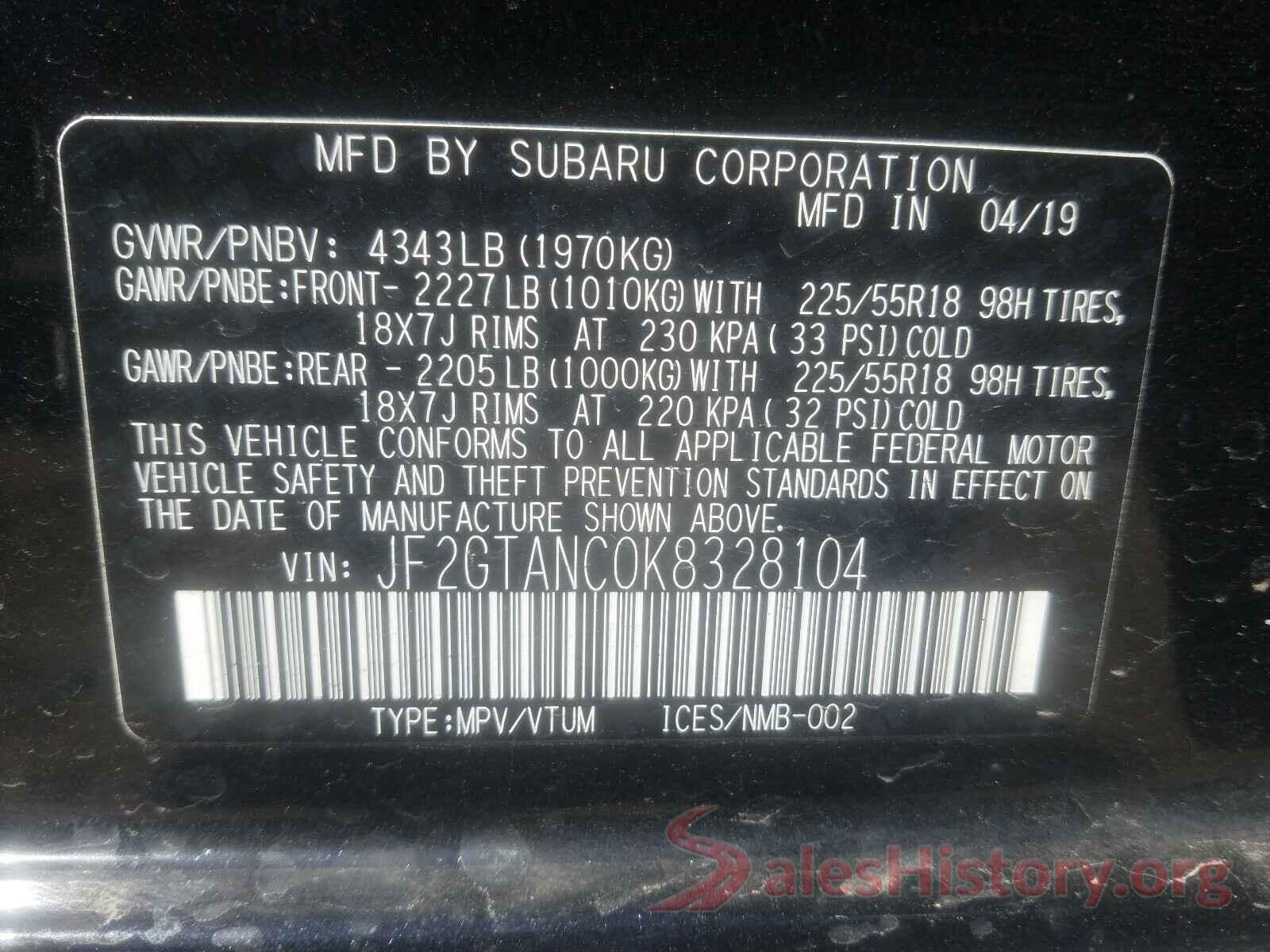 JF2GTANC0K8328104 2019 SUBARU CROSSTREK