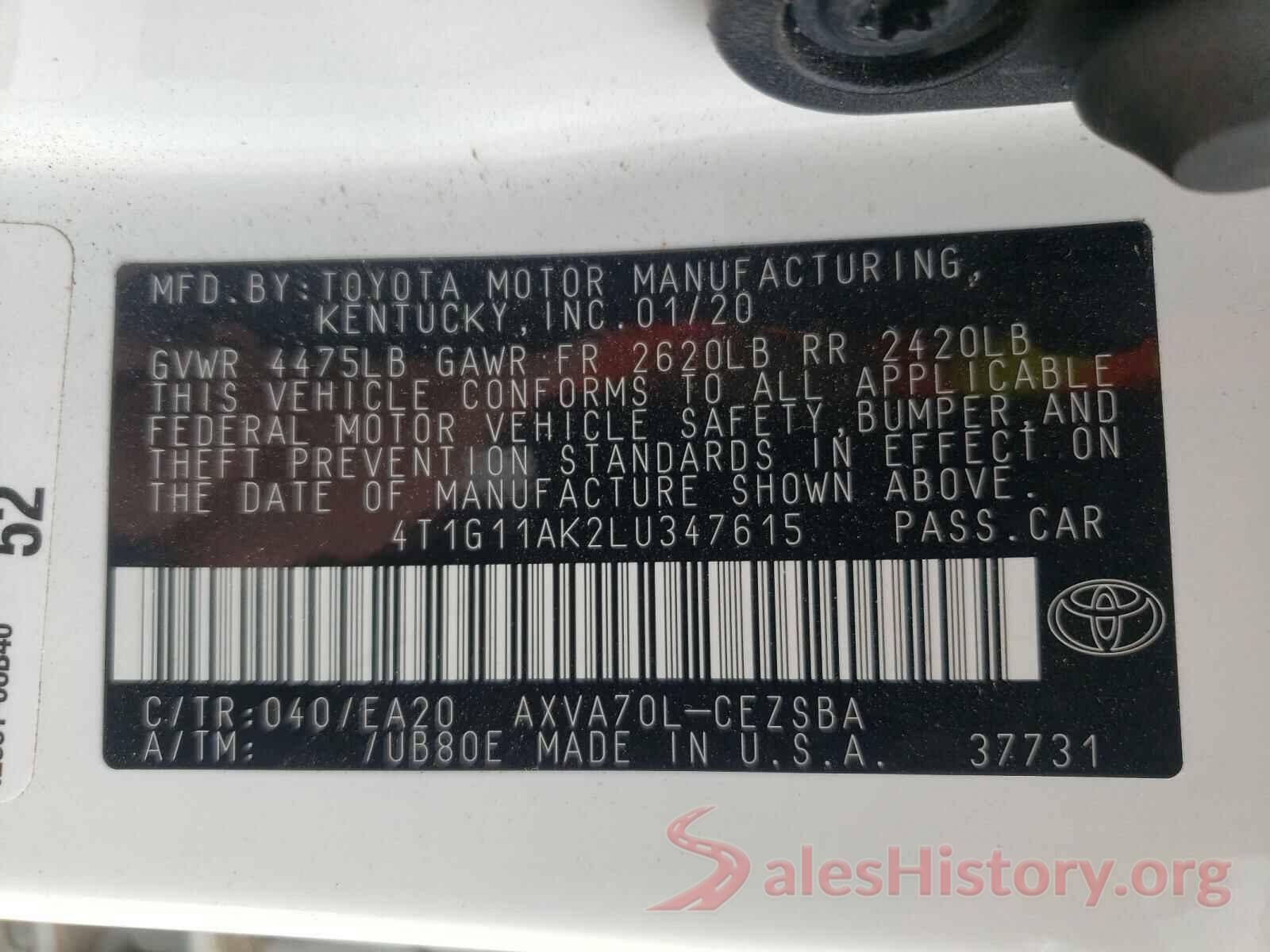 4T1G11AK2LU347615 2020 TOYOTA CAMRY