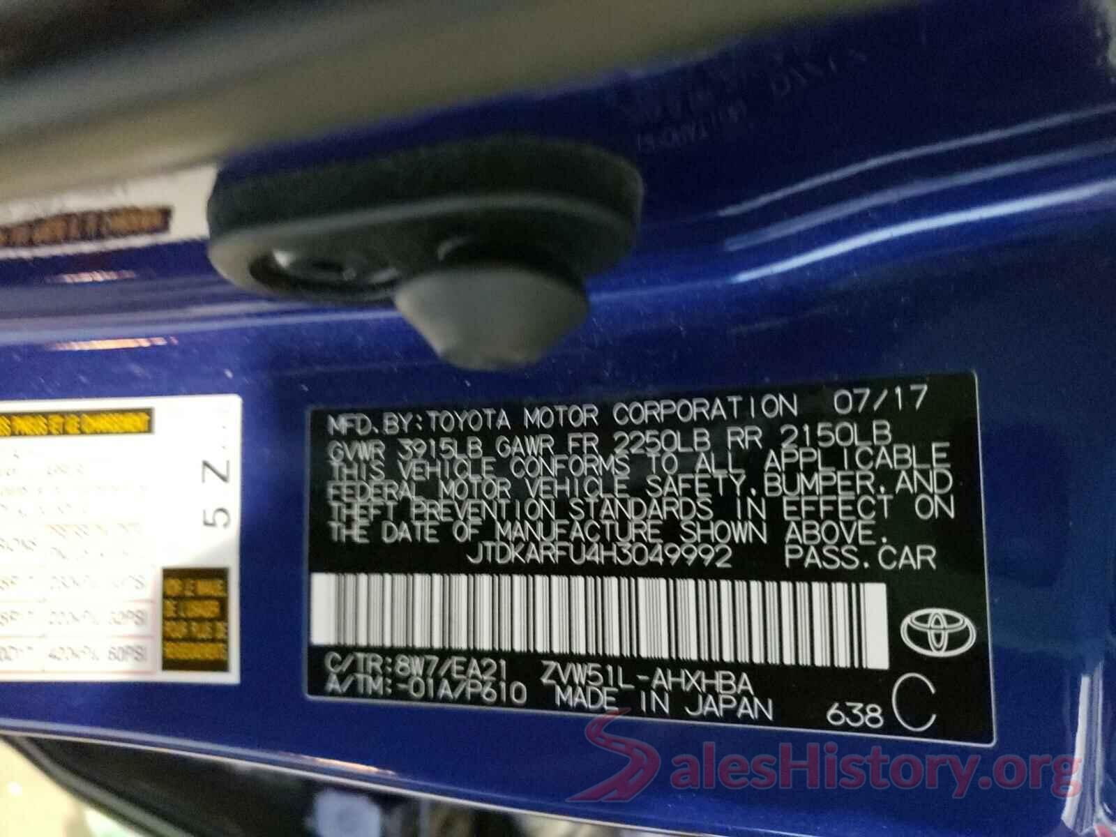 JTDKARFU4H3049992 2017 TOYOTA PRIUS