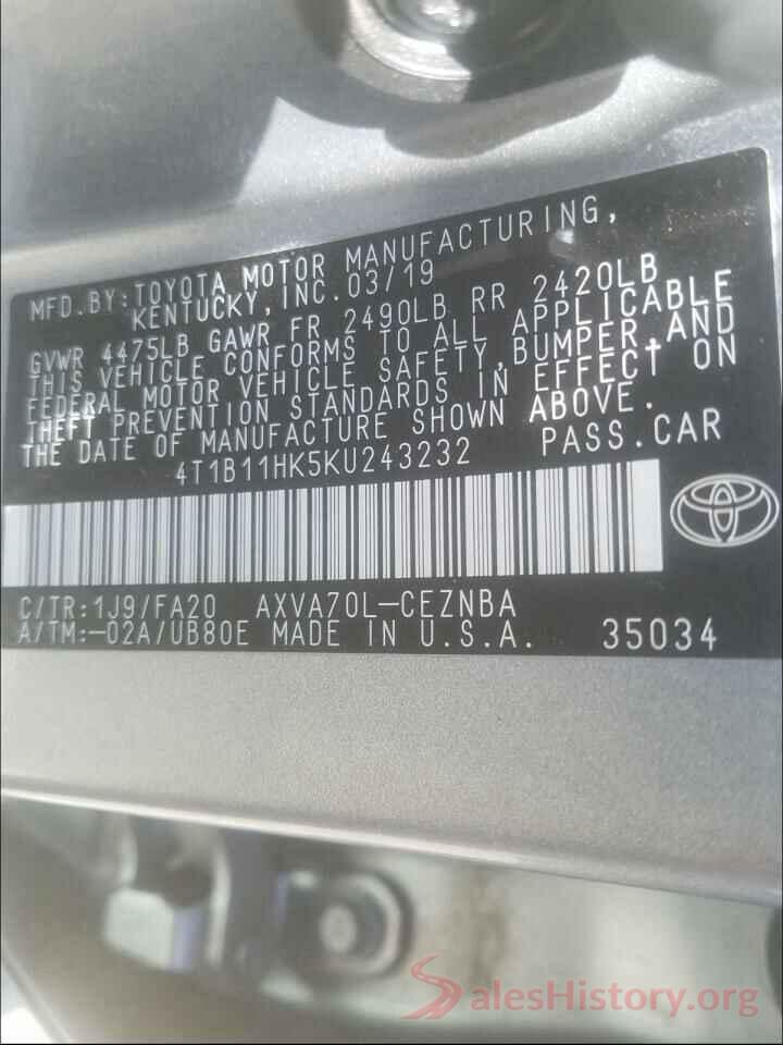 4T1B11HK5KU243232 2019 TOYOTA CAMRY