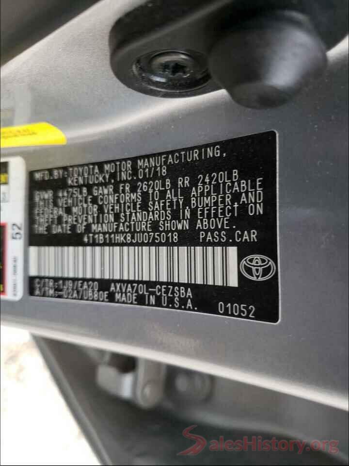 4T1B11HK8JU075018 2018 TOYOTA CAMRY