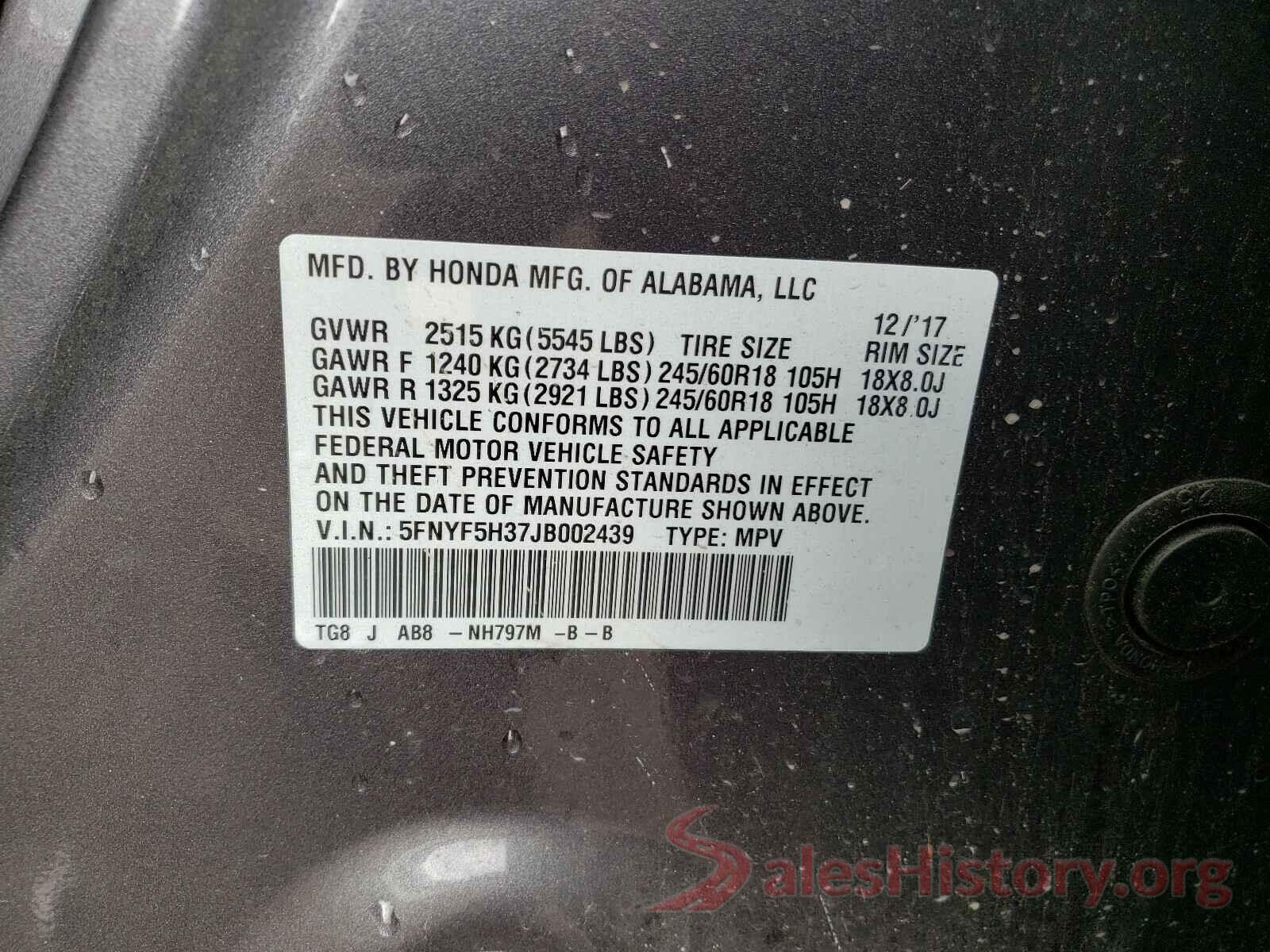 5FNYF5H37JB002439 2018 HONDA PILOT